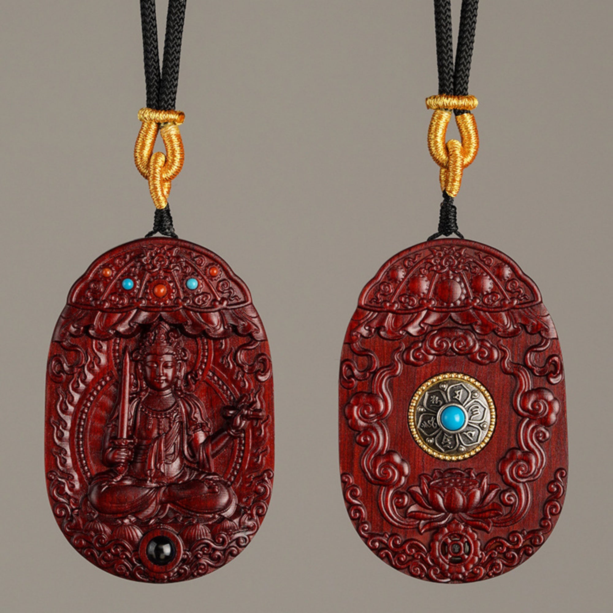 QiLing Aura Hand-Carved Purple Sandalwood Guardian Buddha Pendant Necklace