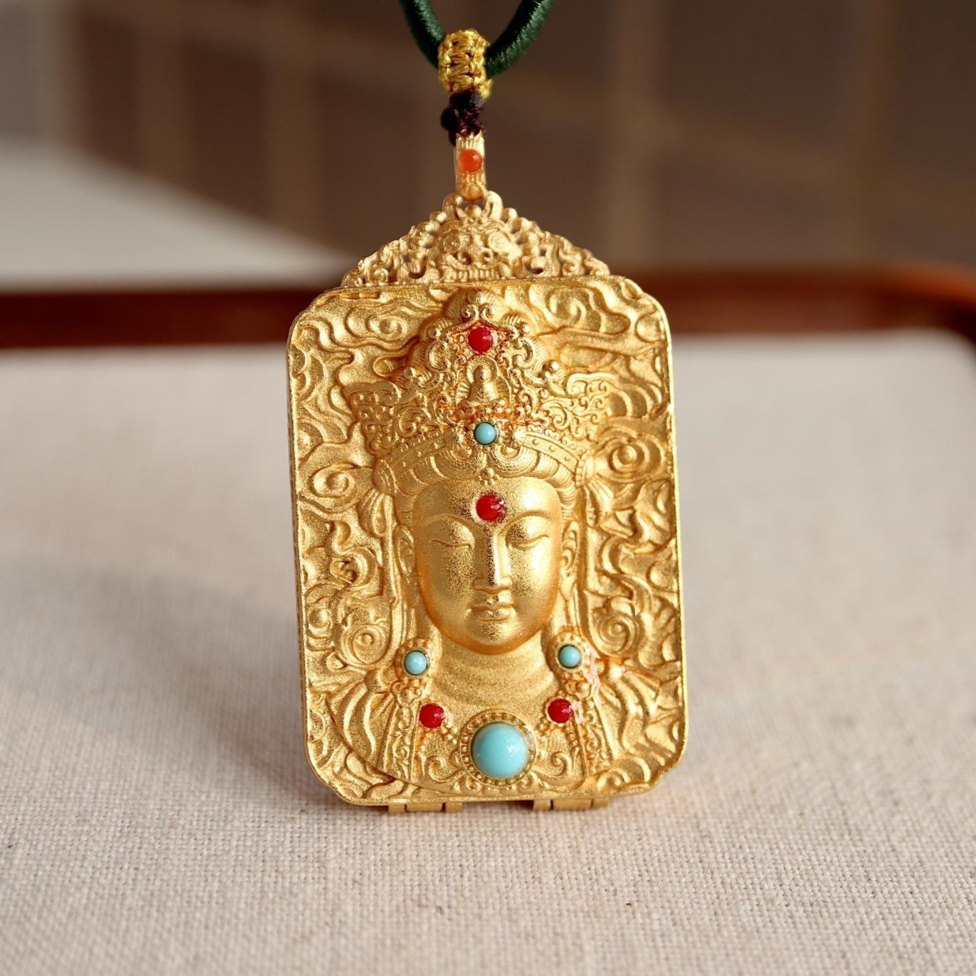 Tibetan Double-Sided Zakiram & Green Tara Thangka Pendant Necklace