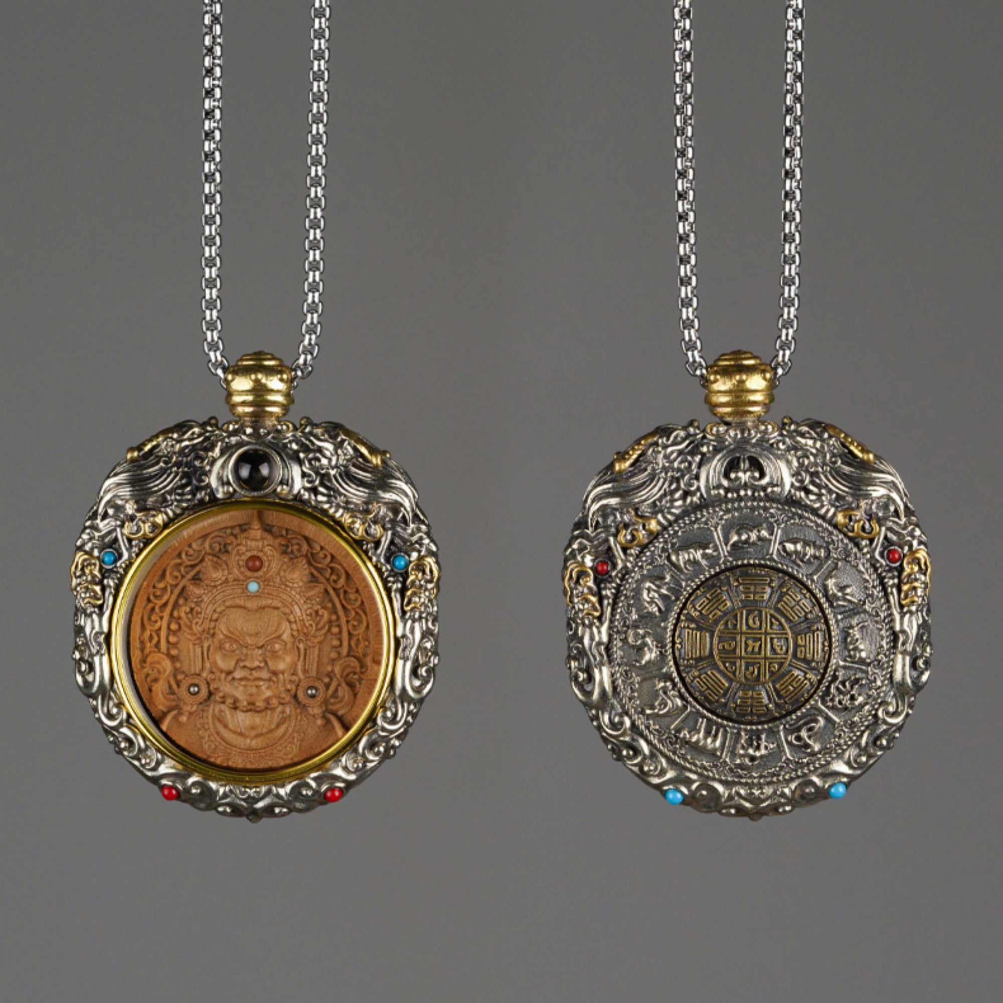 QiLing Aura Hand-Carved White Copper and Tibetan Silver Sandalwood Buddhist Pendant