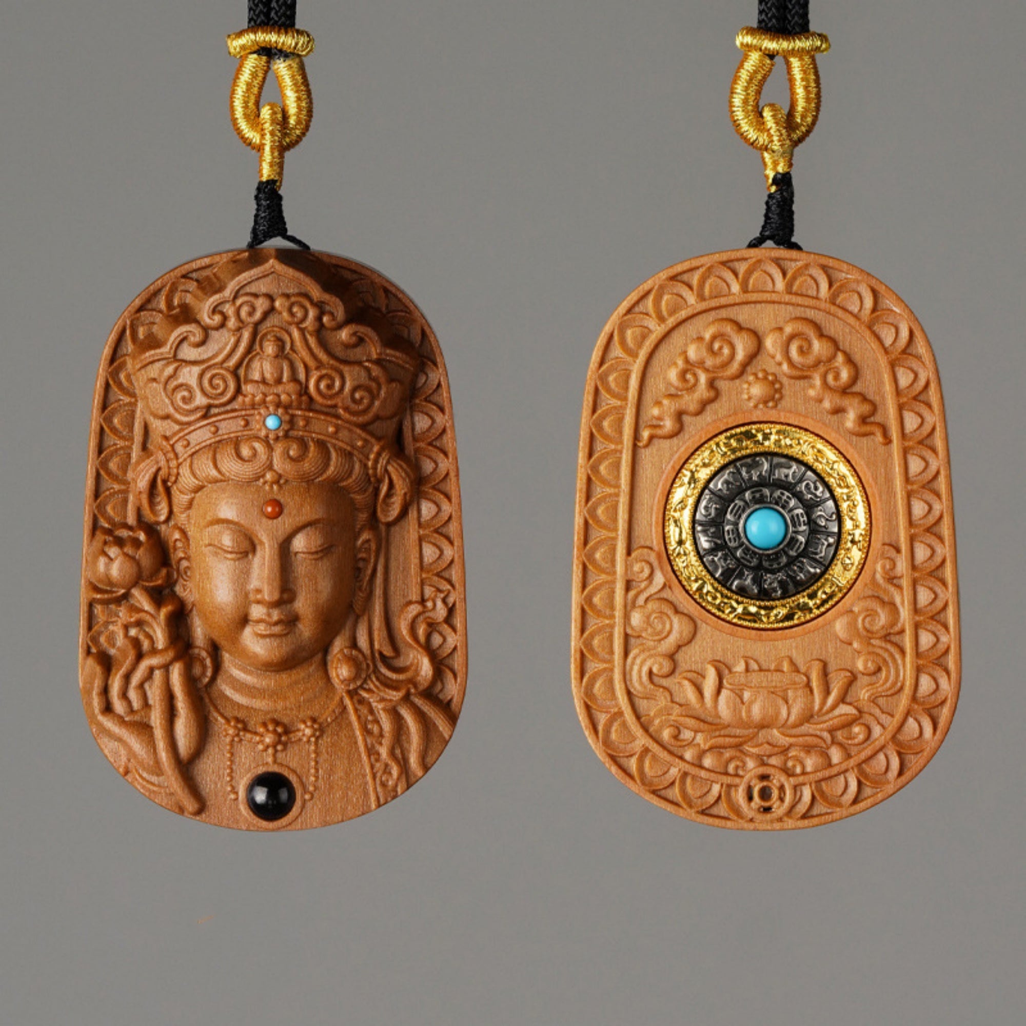 QiLing Aura Hand-Carved Sandalwood Guanyin Buddha Pendant Necklace