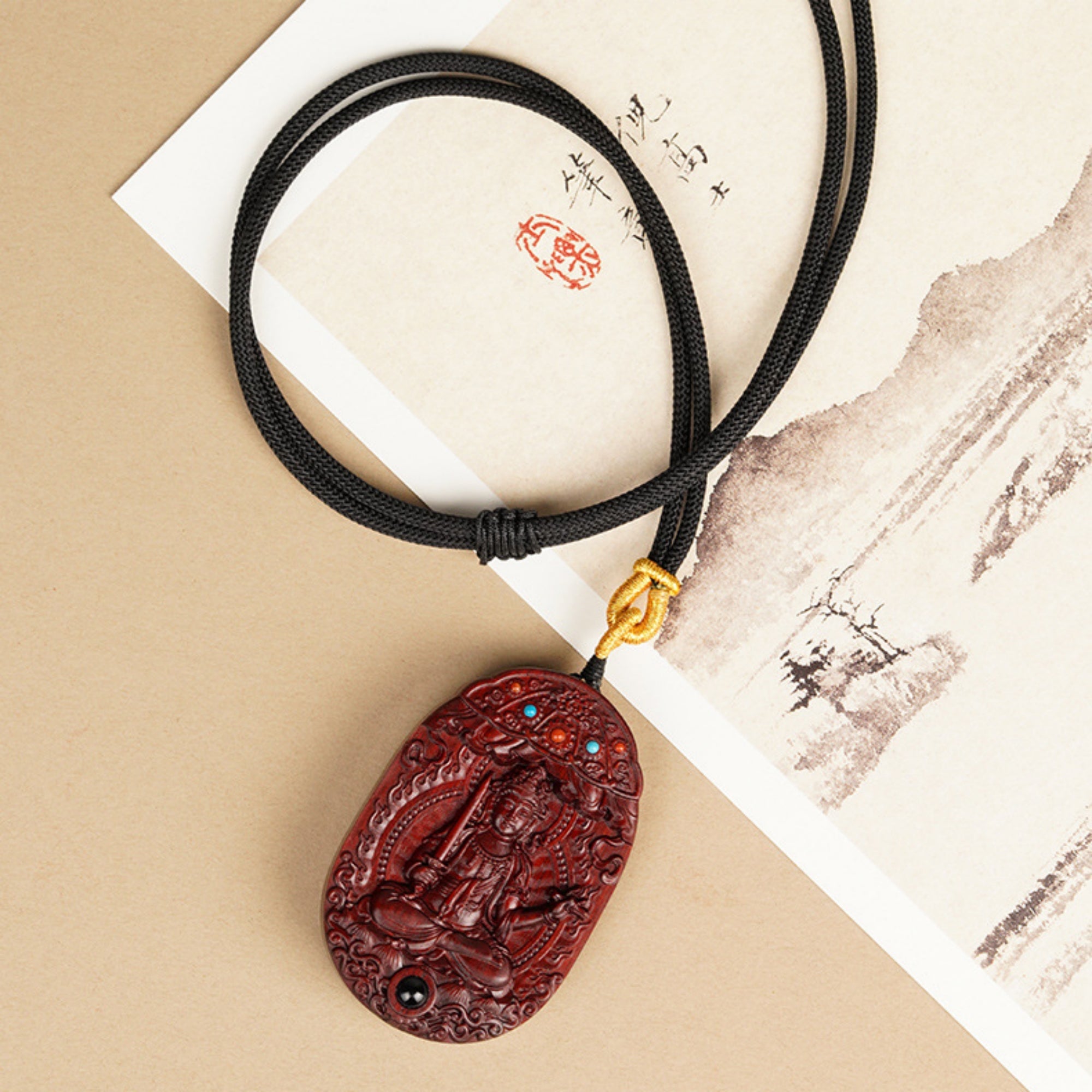 QiLing Aura Hand-Carved Purple Sandalwood Guardian Buddha Pendant Necklace