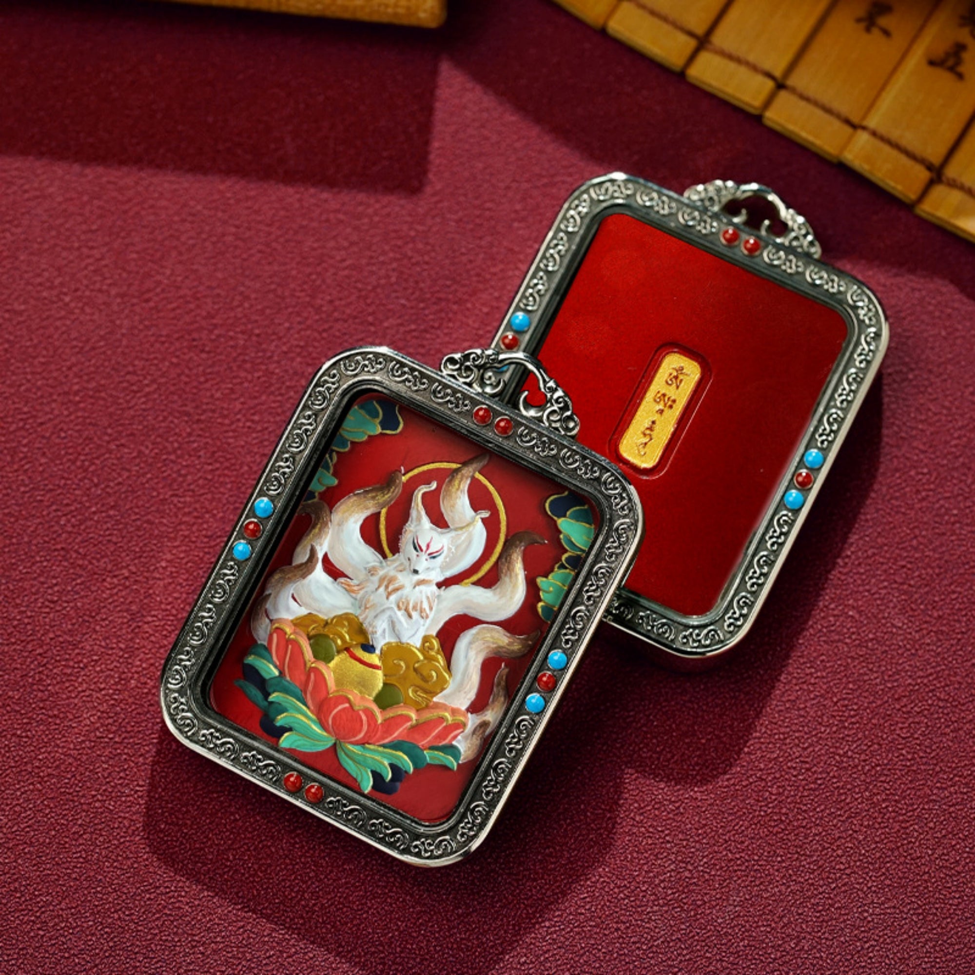 QiLing Aura Hand-Painted White Copper Tibetan Buddhist Pendant Necklace with Cinnabar