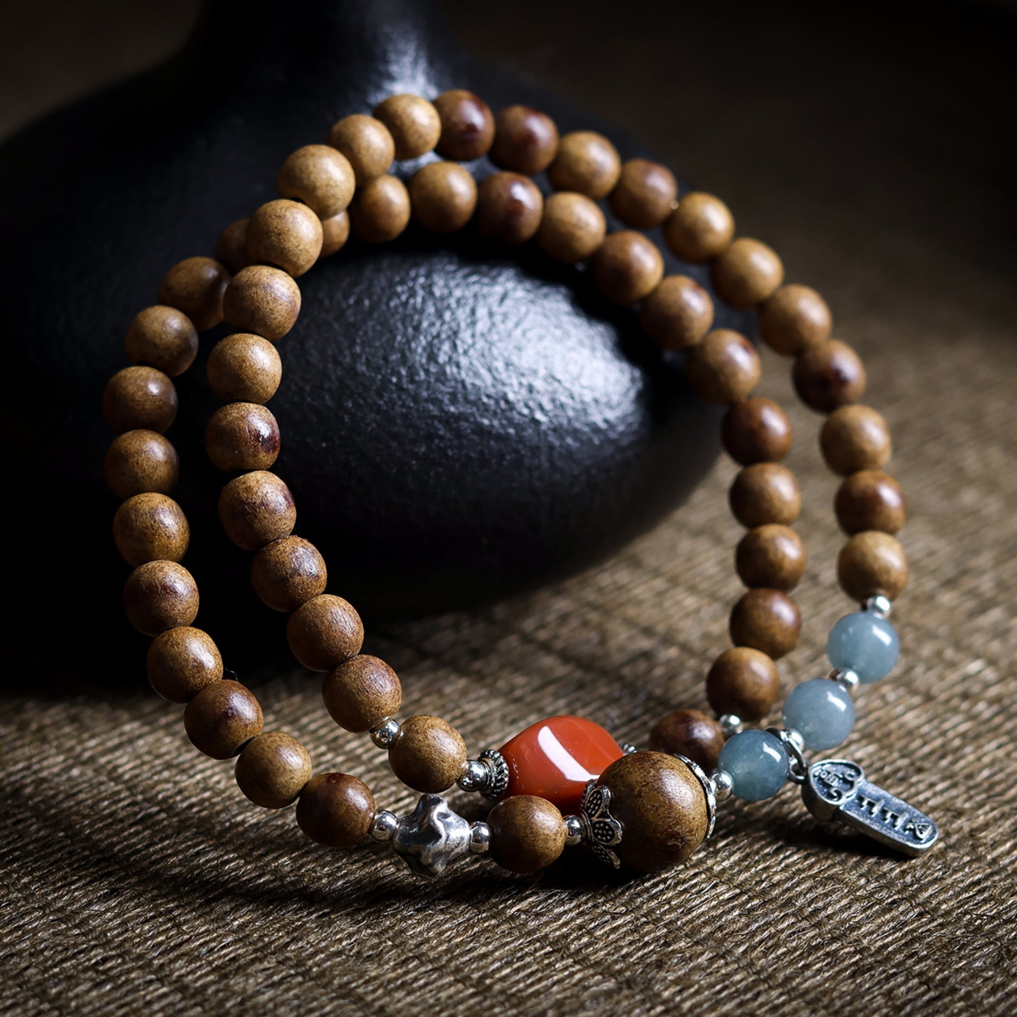 Agarwood & Red Agate Mala Wrap Bracelet
