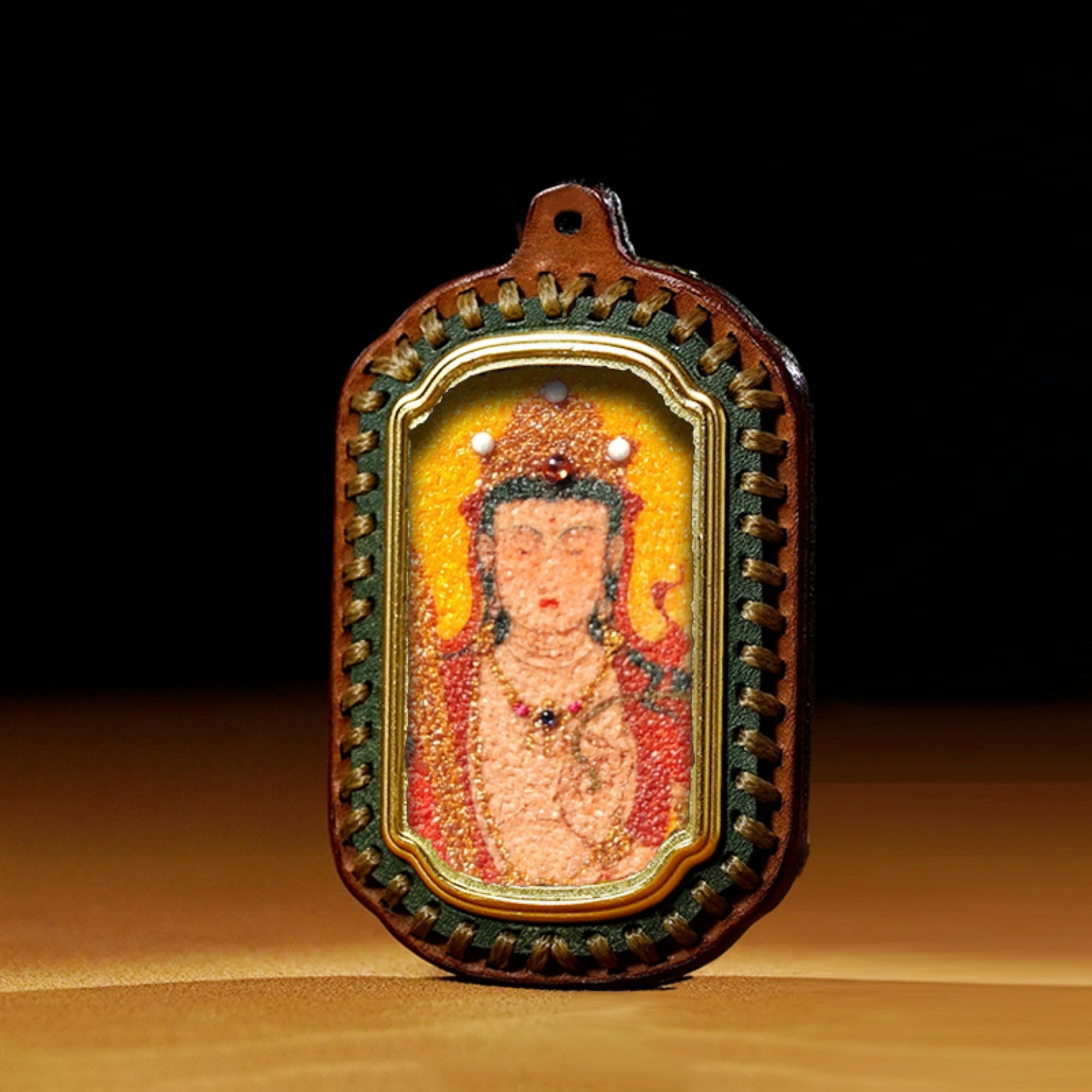 QiLing Aura Tibetan Handmade Gemstone Thangka Buddha Pendant Necklace