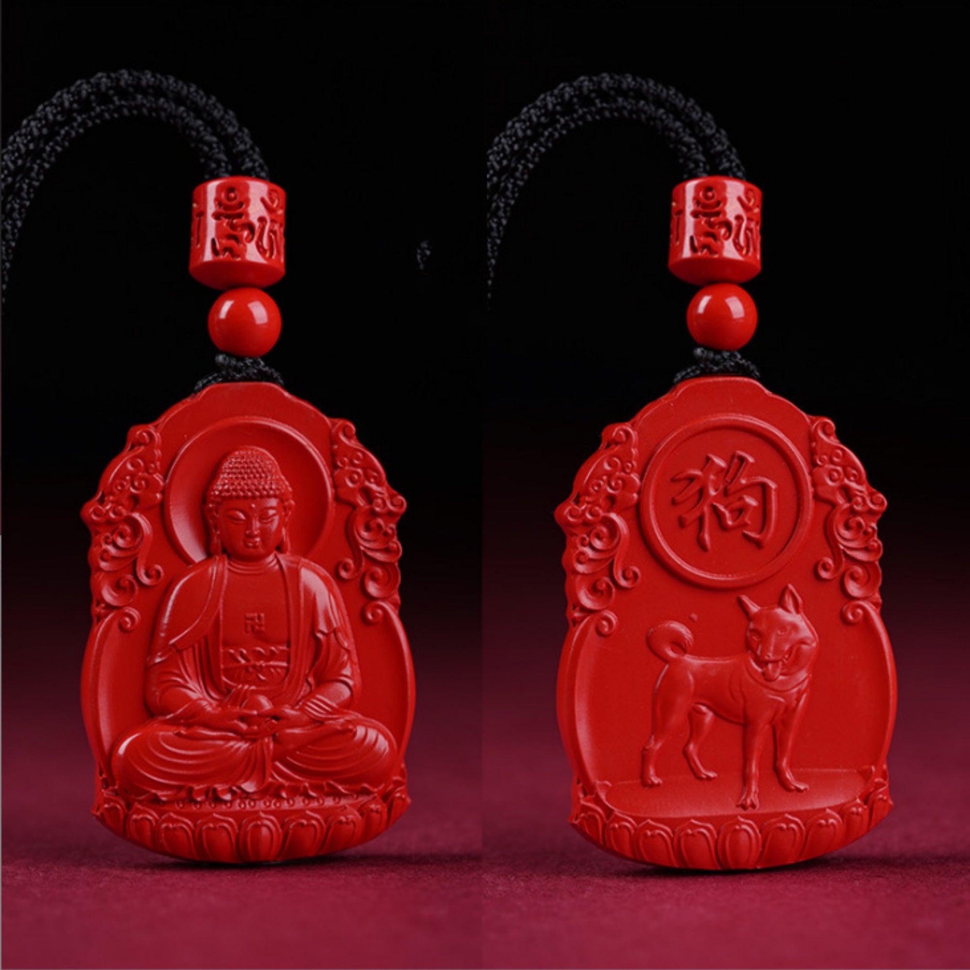 QiLing Aura Hand-Carved Zodiac Buddha Pendant Necklace in Cinnabar