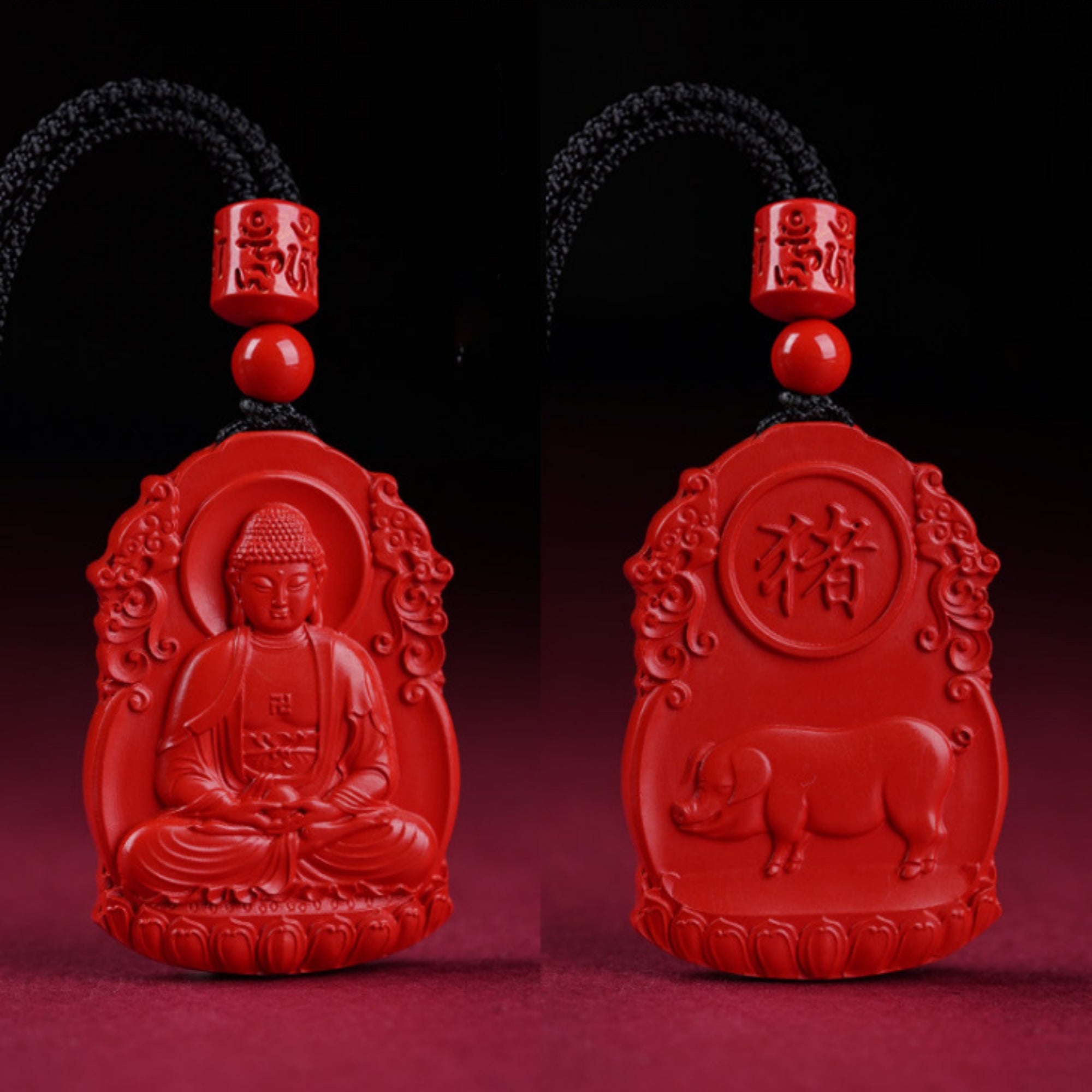 QiLing Aura Hand-Carved Zodiac Buddha Pendant Necklace in Cinnabar