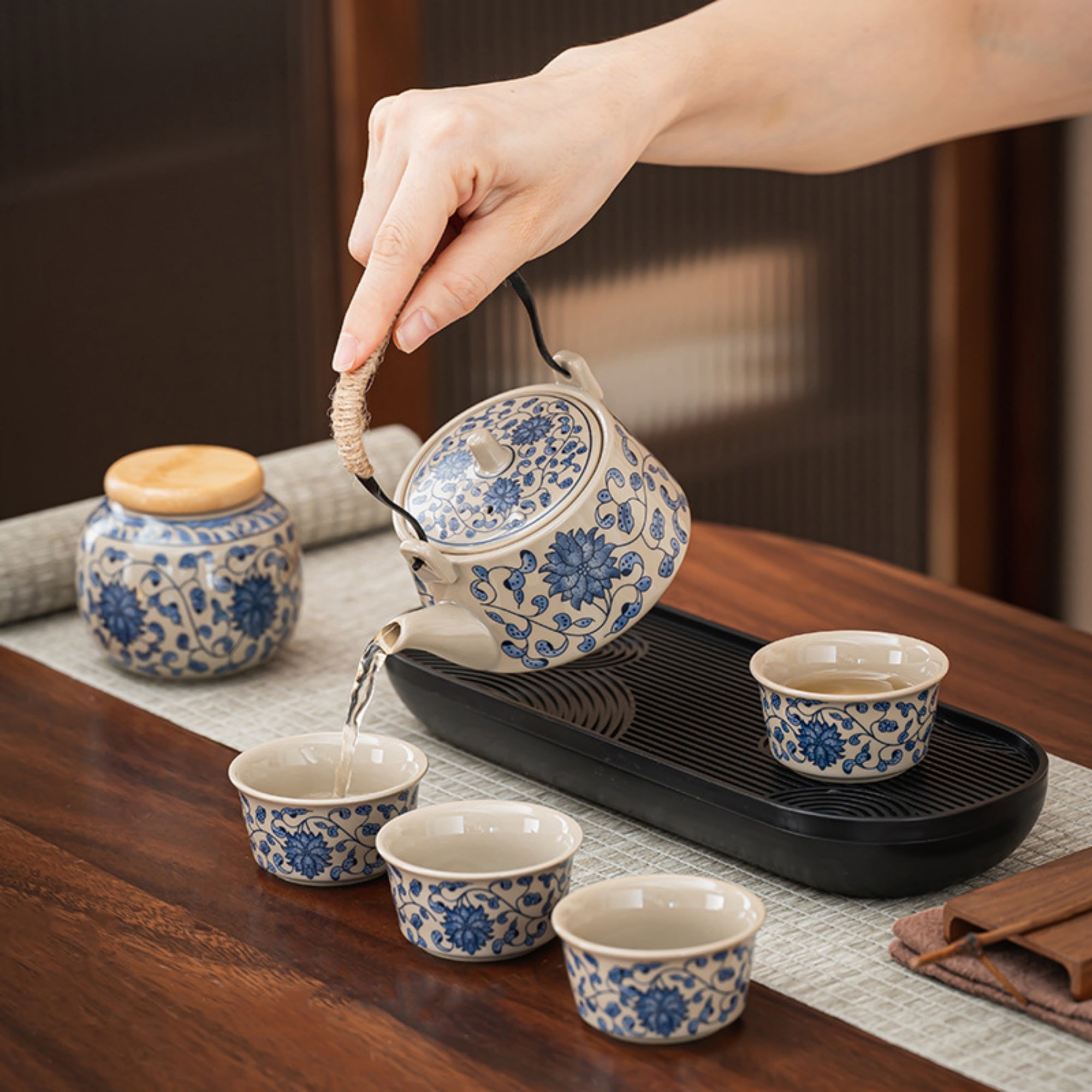 Blue and White Porcelain Flower Tea Set