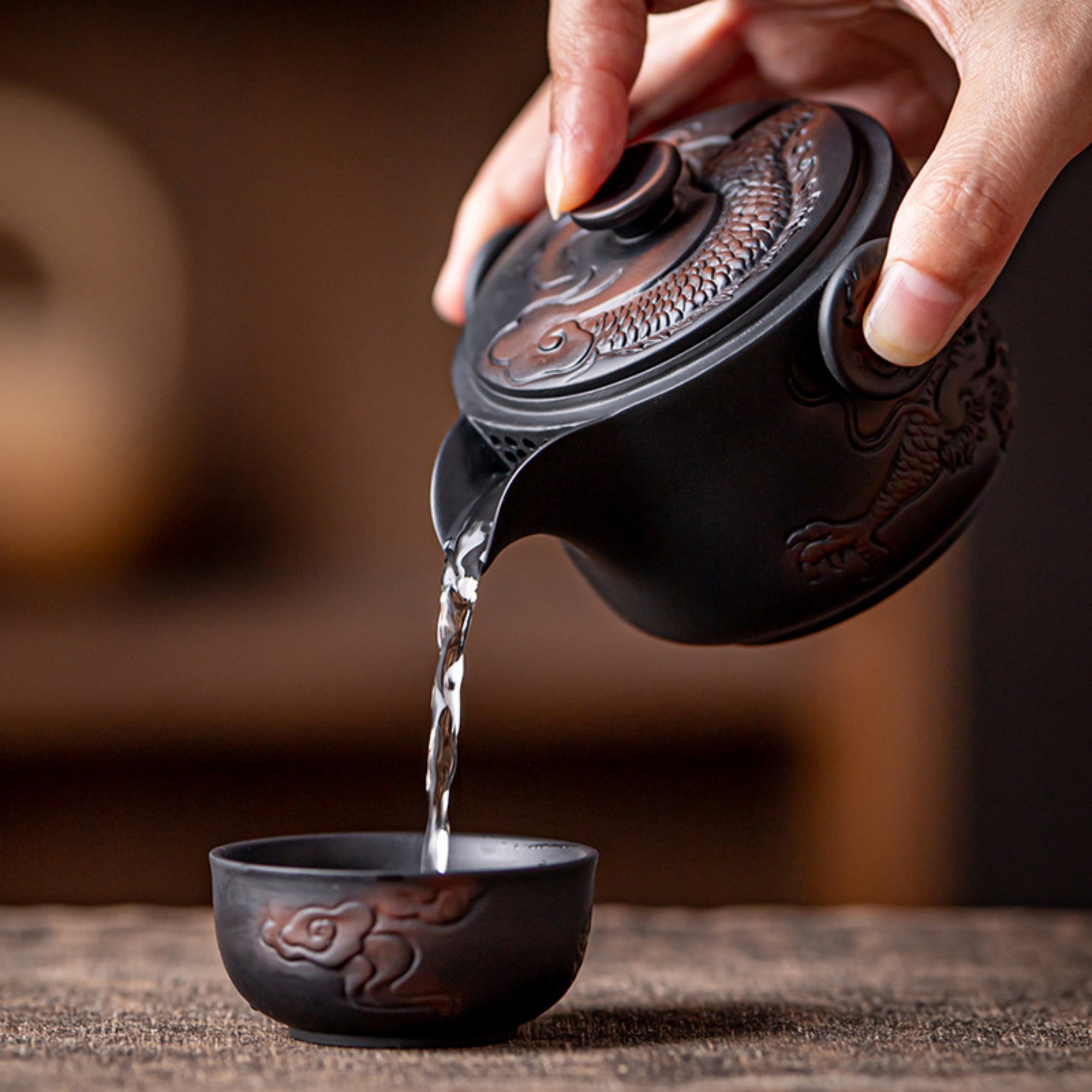 Eastern Dragon Pattern Purple Pottery Tea Set