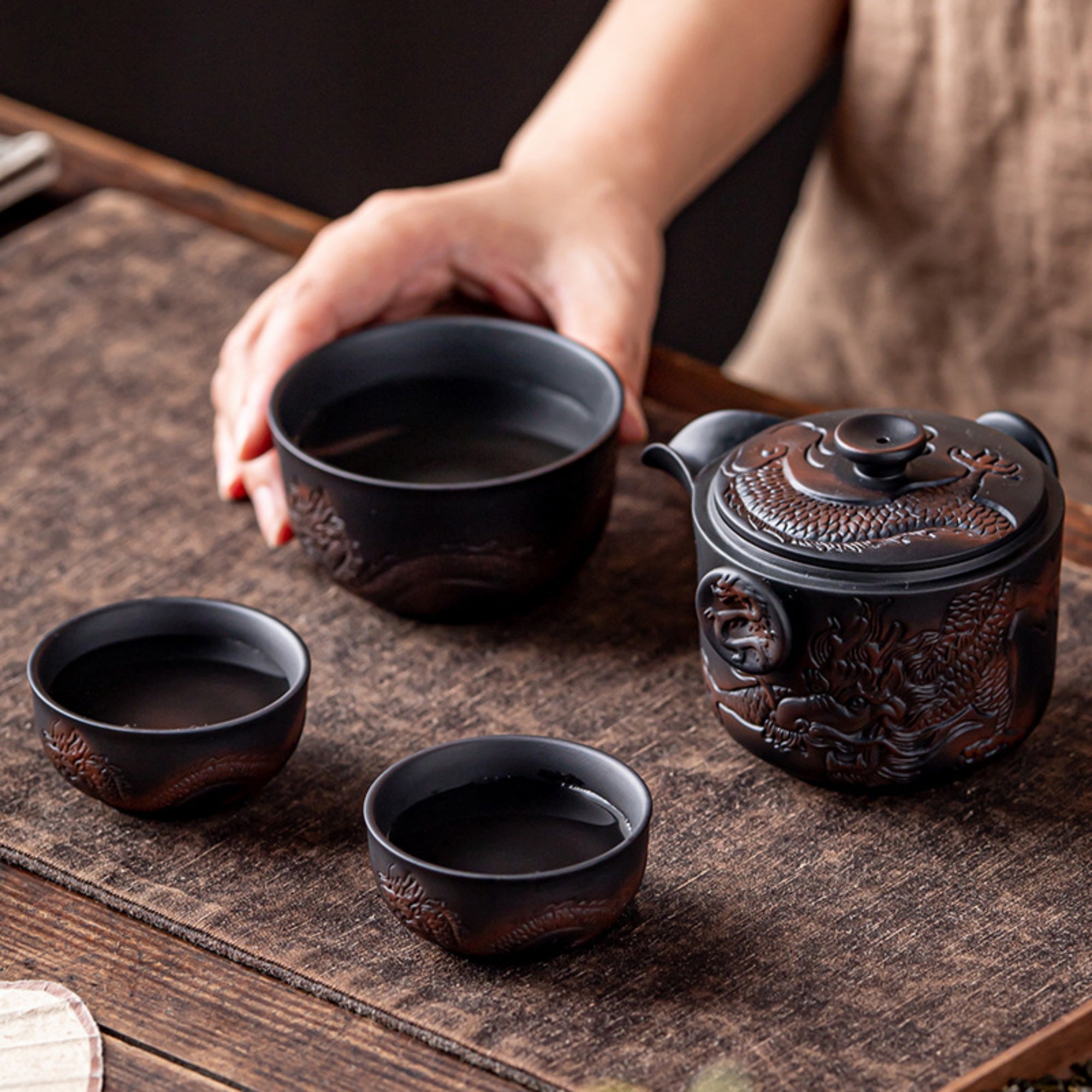 Eastern Dragon Pattern Purple Pottery Tea Set