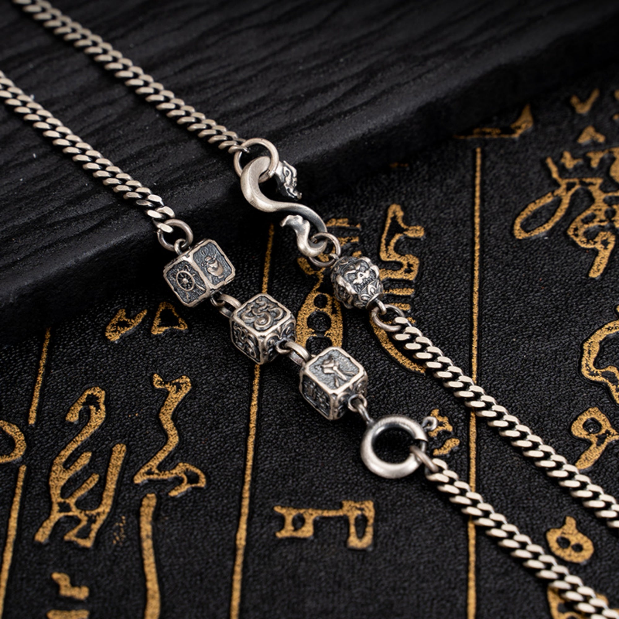 Eight Auspicious Symbols Sterling Silver Tibetan Buddhist Necklace
