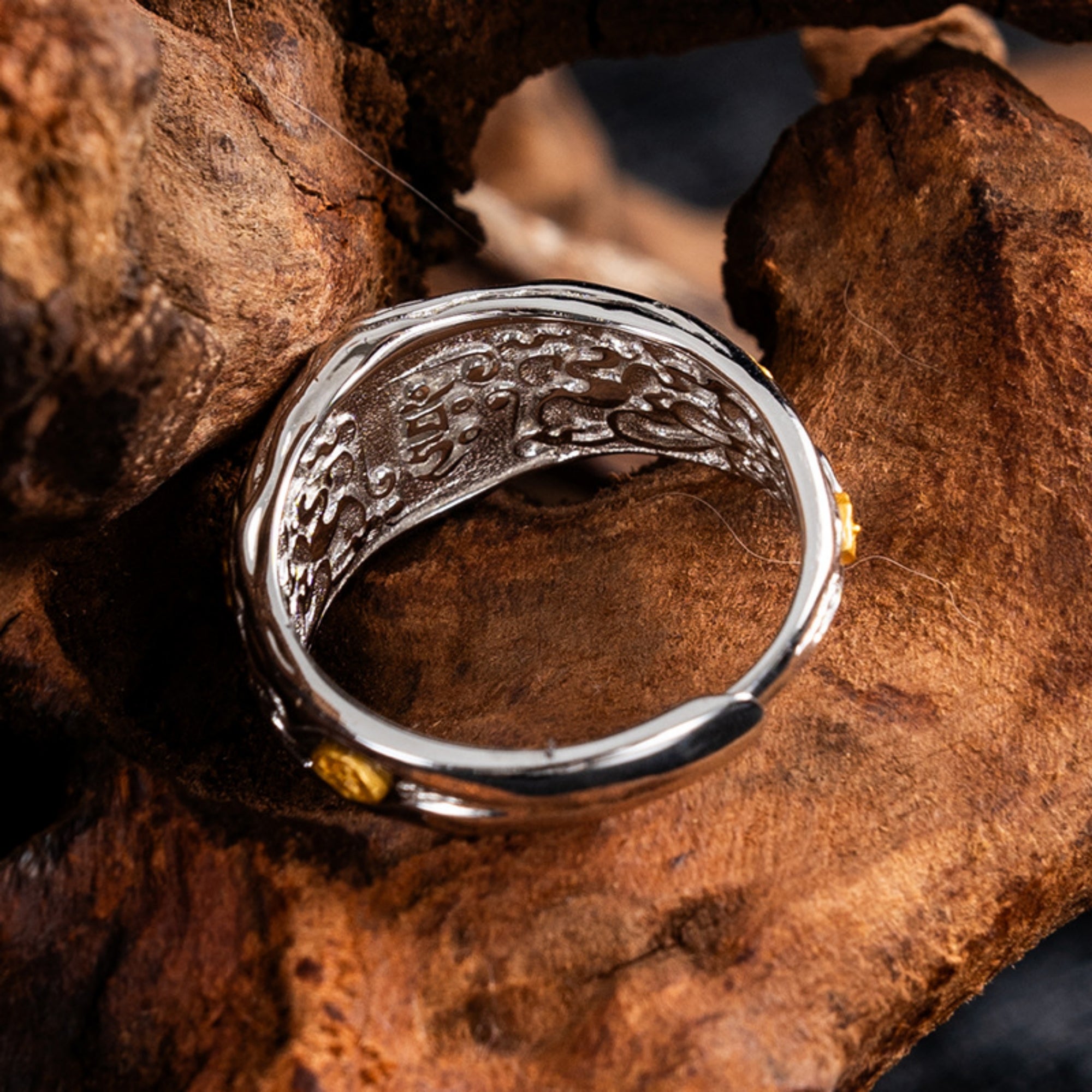 Gem-Embellished Zakiram Sterling Silver Tibetan Buddhist Ring