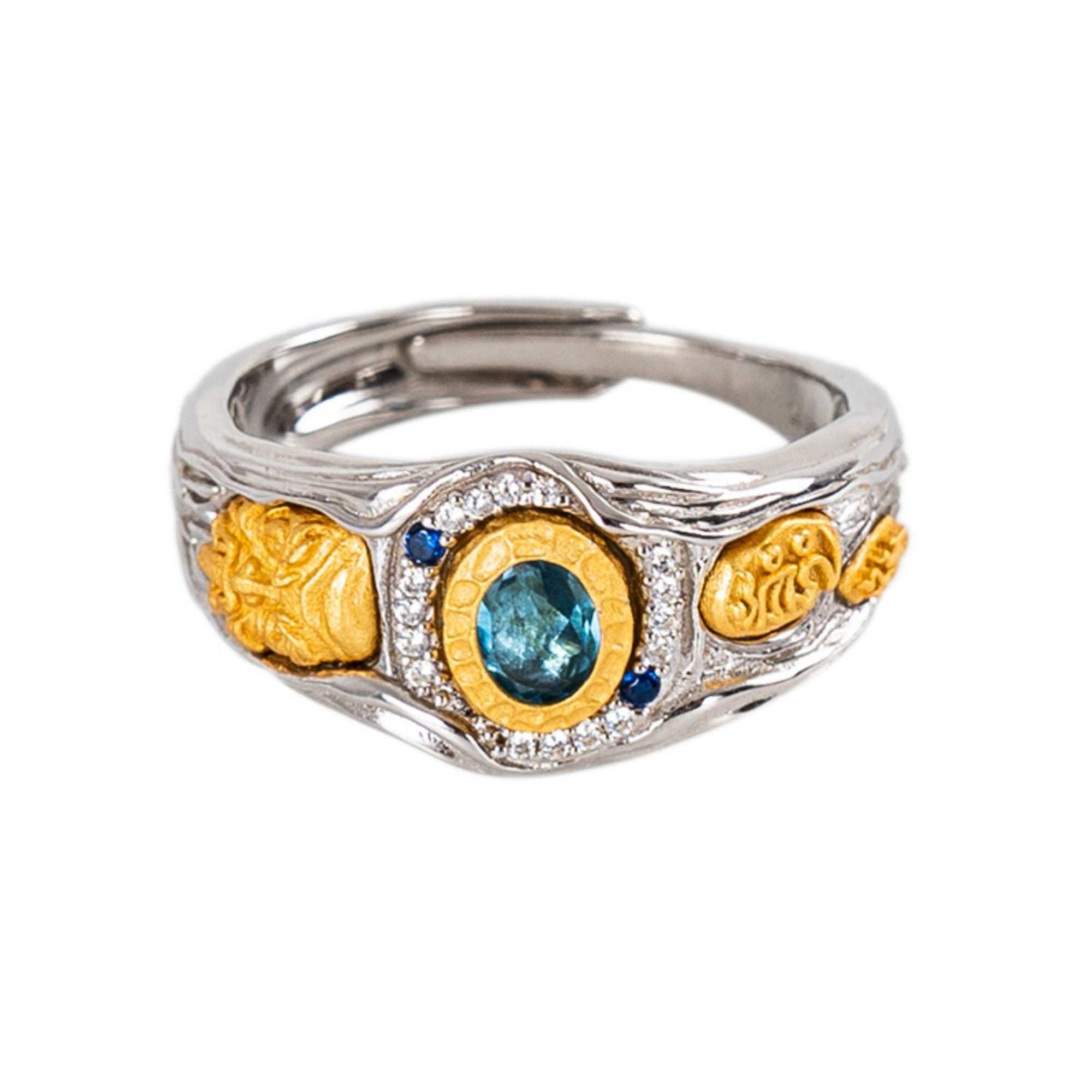 Gem-Embellished Zakiram Sterling Silver Tibetan Buddhist Ring