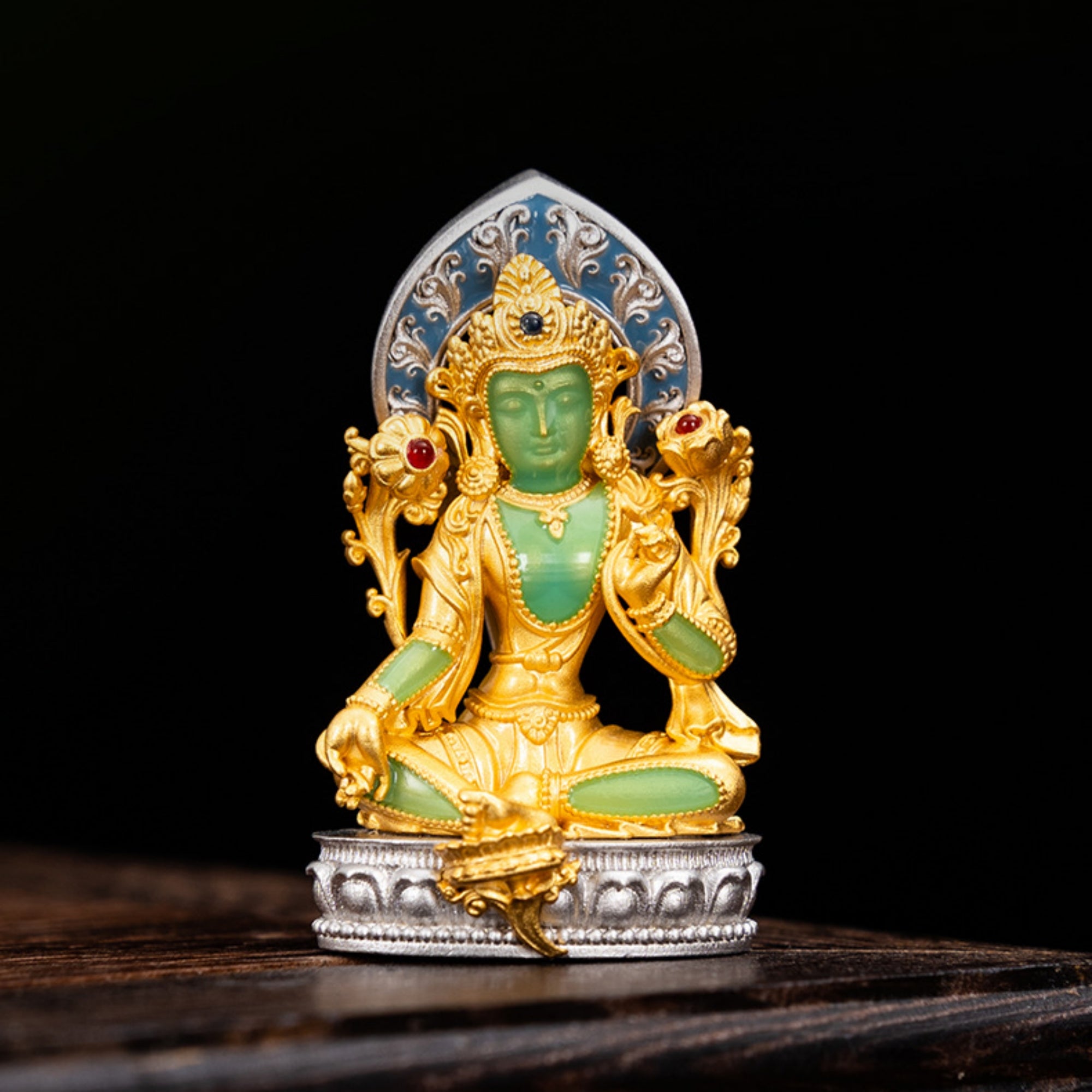 Green Tara Enameled Sterling Silver Hollow Amulet Pendant