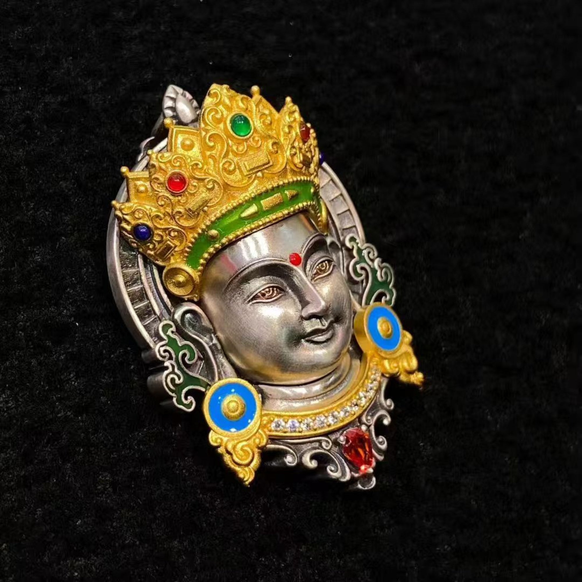 Green Tara Sterling Silver Crystal Enamel Amulet Pendant