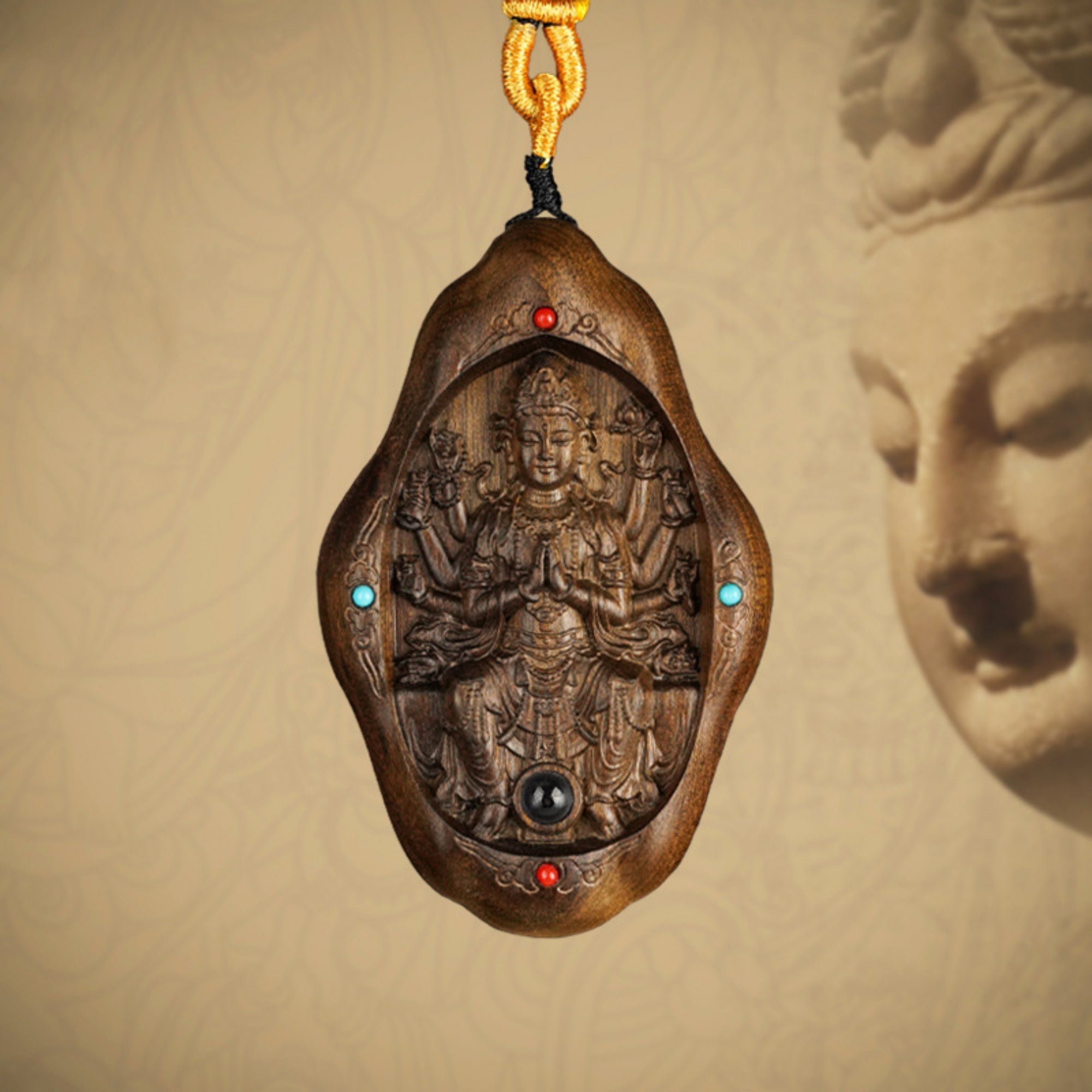 Hand-Carved JinSi Nanmu Thousand-Armed Guanyin Pendant Necklace