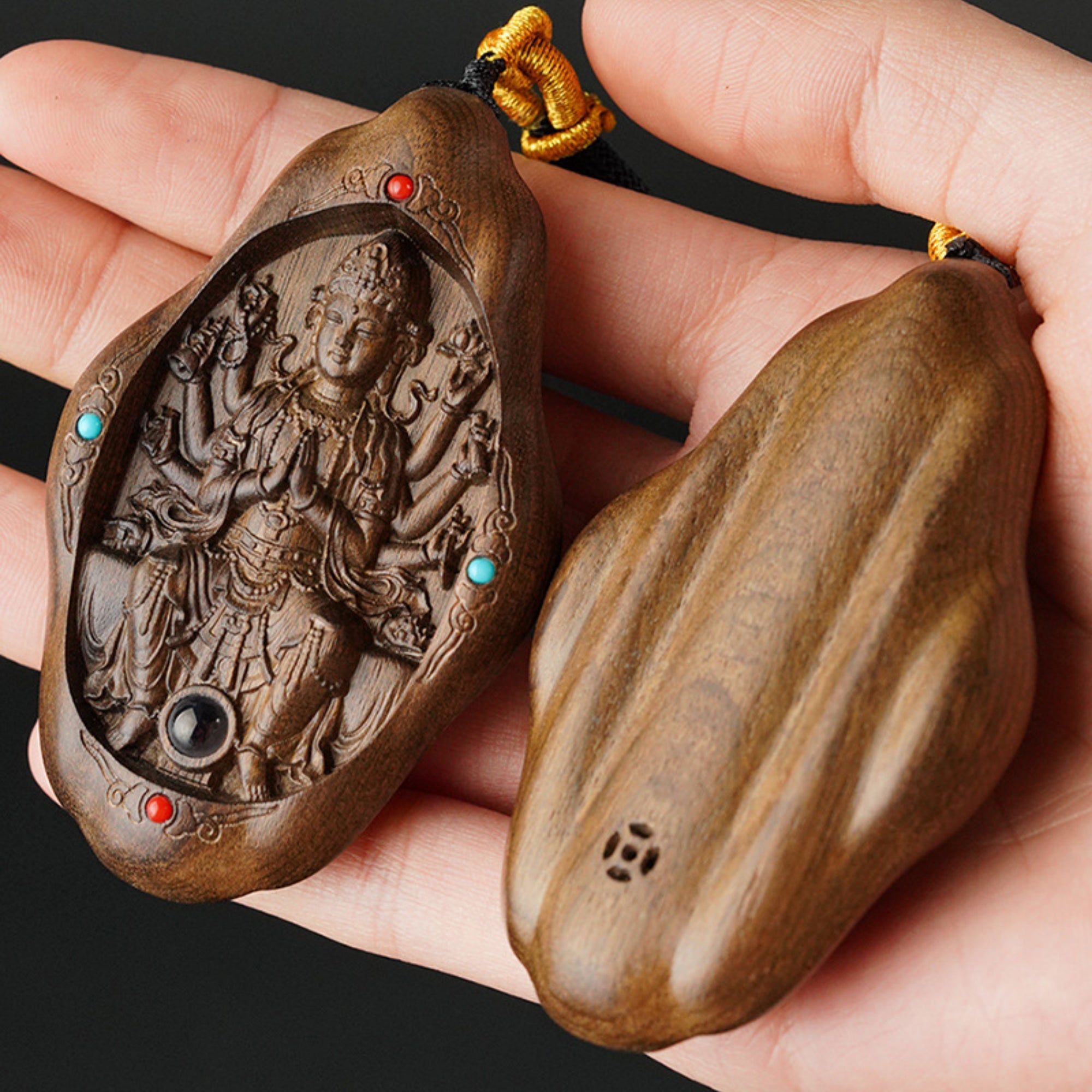 Hand-Carved JinSi Nanmu Thousand-Armed Guanyin Pendant Necklace