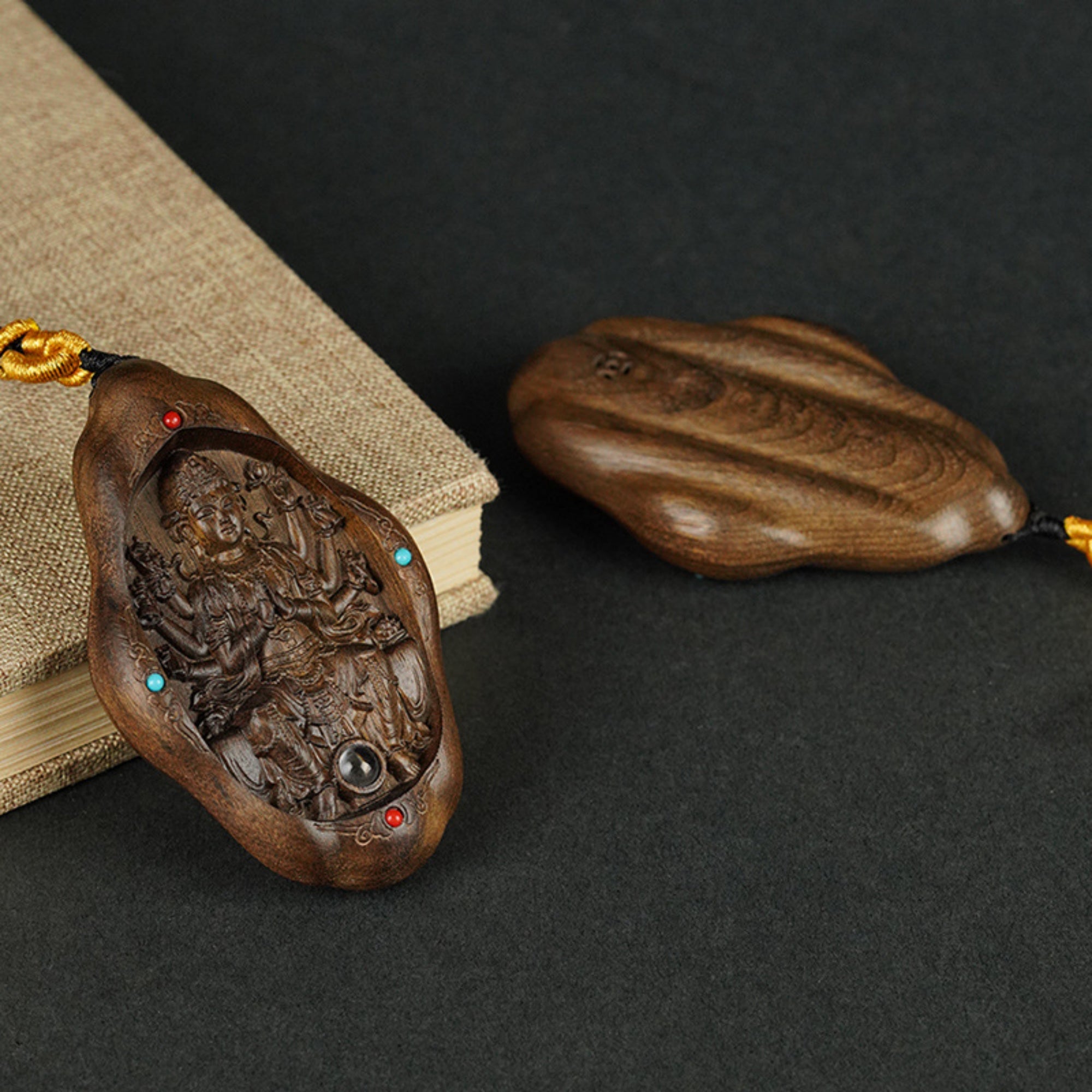 Hand-Carved JinSi Nanmu Thousand-Armed Guanyin Pendant Necklace