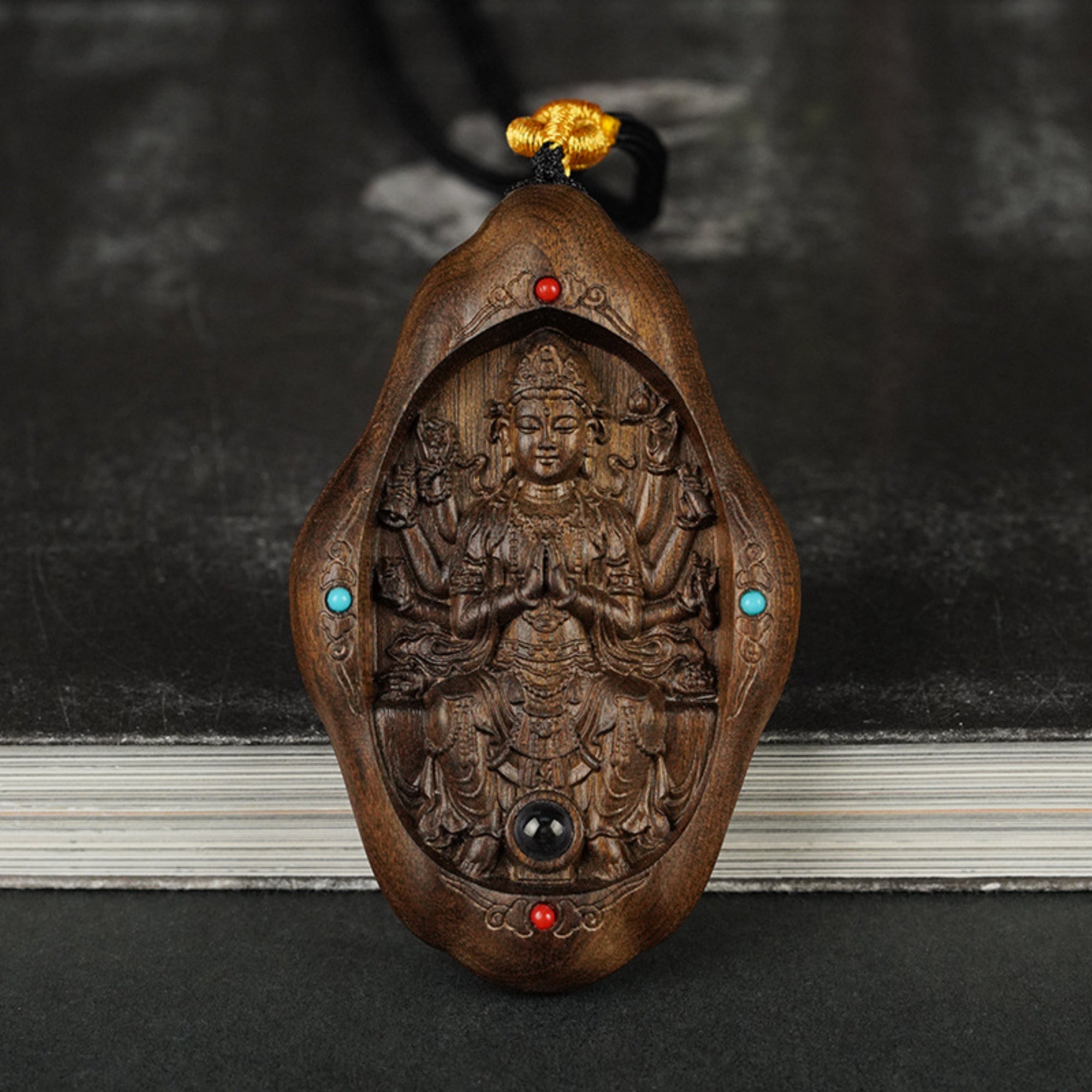 Hand-Carved JinSi Nanmu Thousand-Armed Guanyin Pendant Necklace