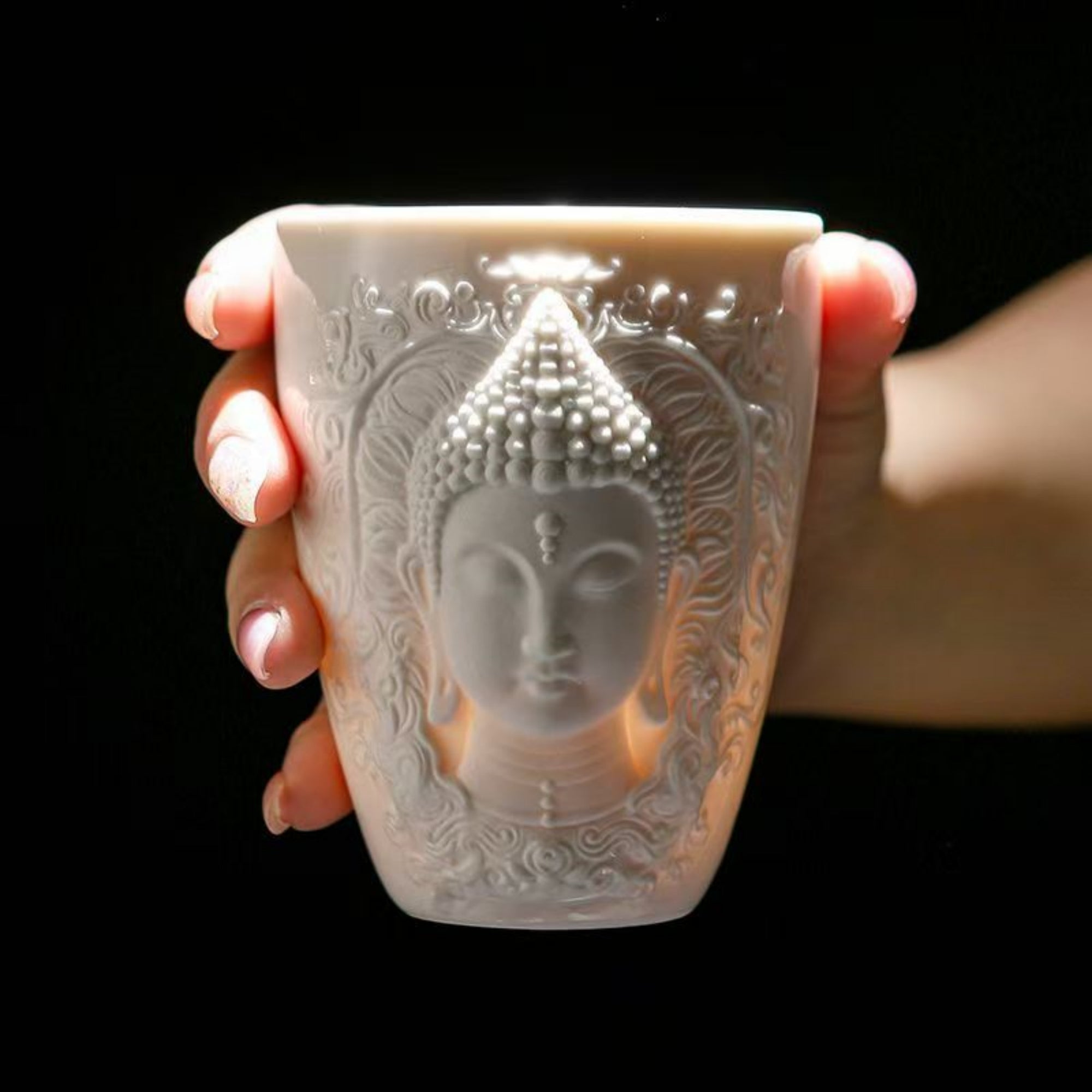 Hand-Carved Relief Shakyamuni Jade-Porcelain Cup