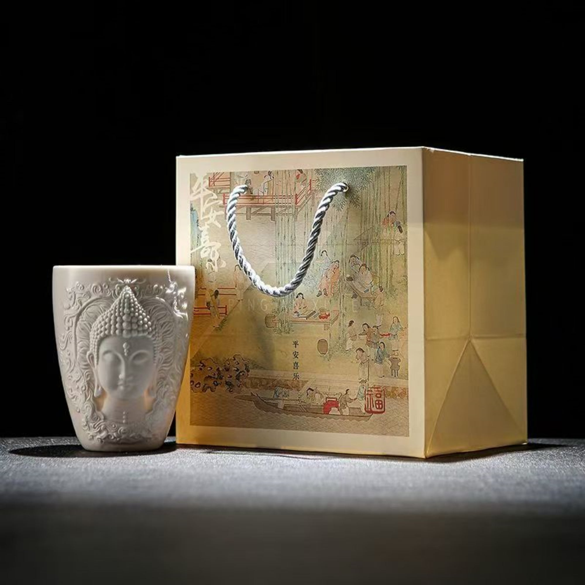 Hand-Carved Relief Shakyamuni Jade-Porcelain Cup