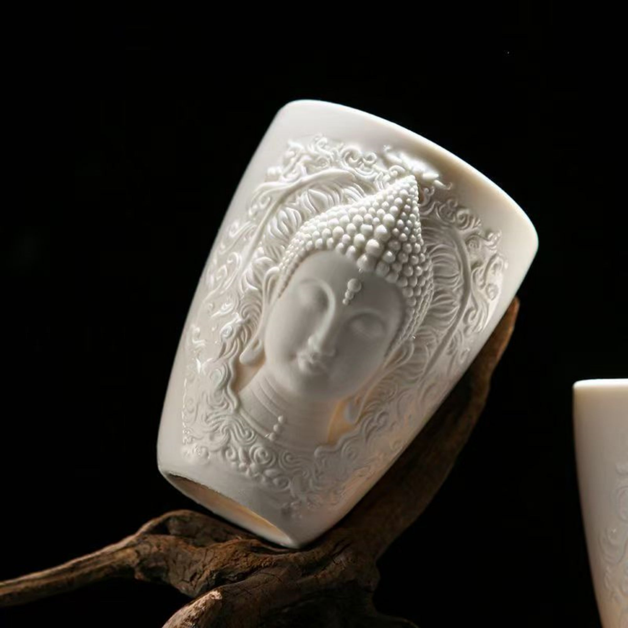 Hand-Carved Relief Shakyamuni Jade-Porcelain Cup