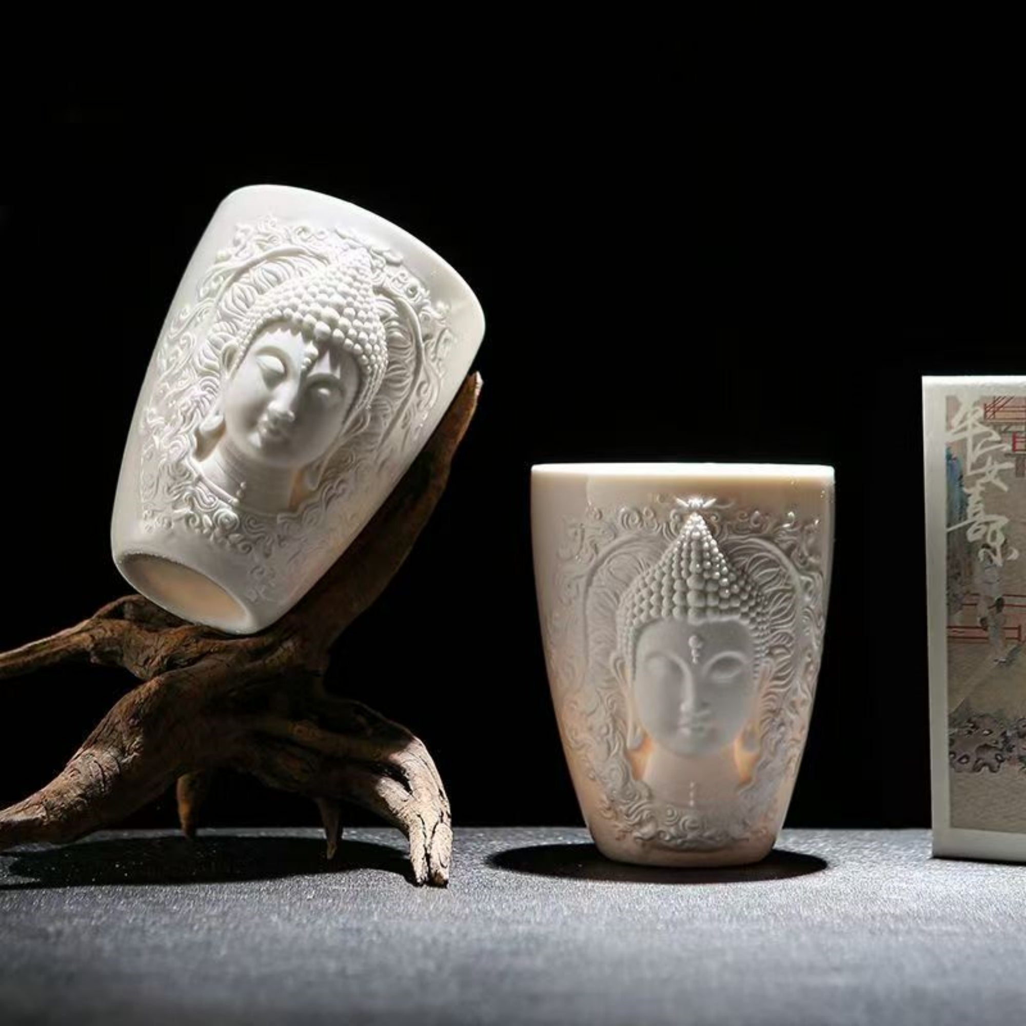 Hand-Carved Relief Shakyamuni Jade-Porcelain Cup