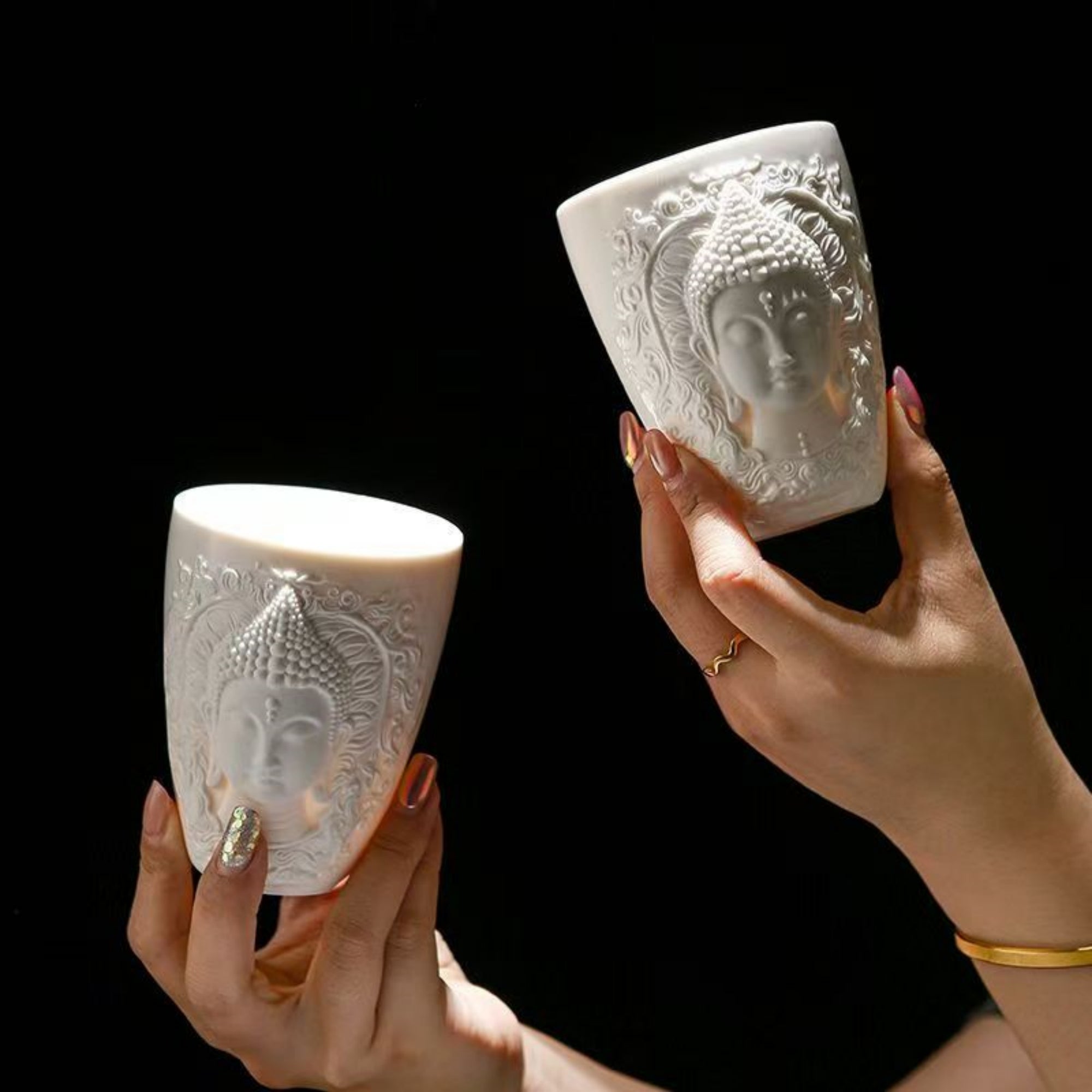 Hand-Carved Relief Shakyamuni Jade-Porcelain Cup