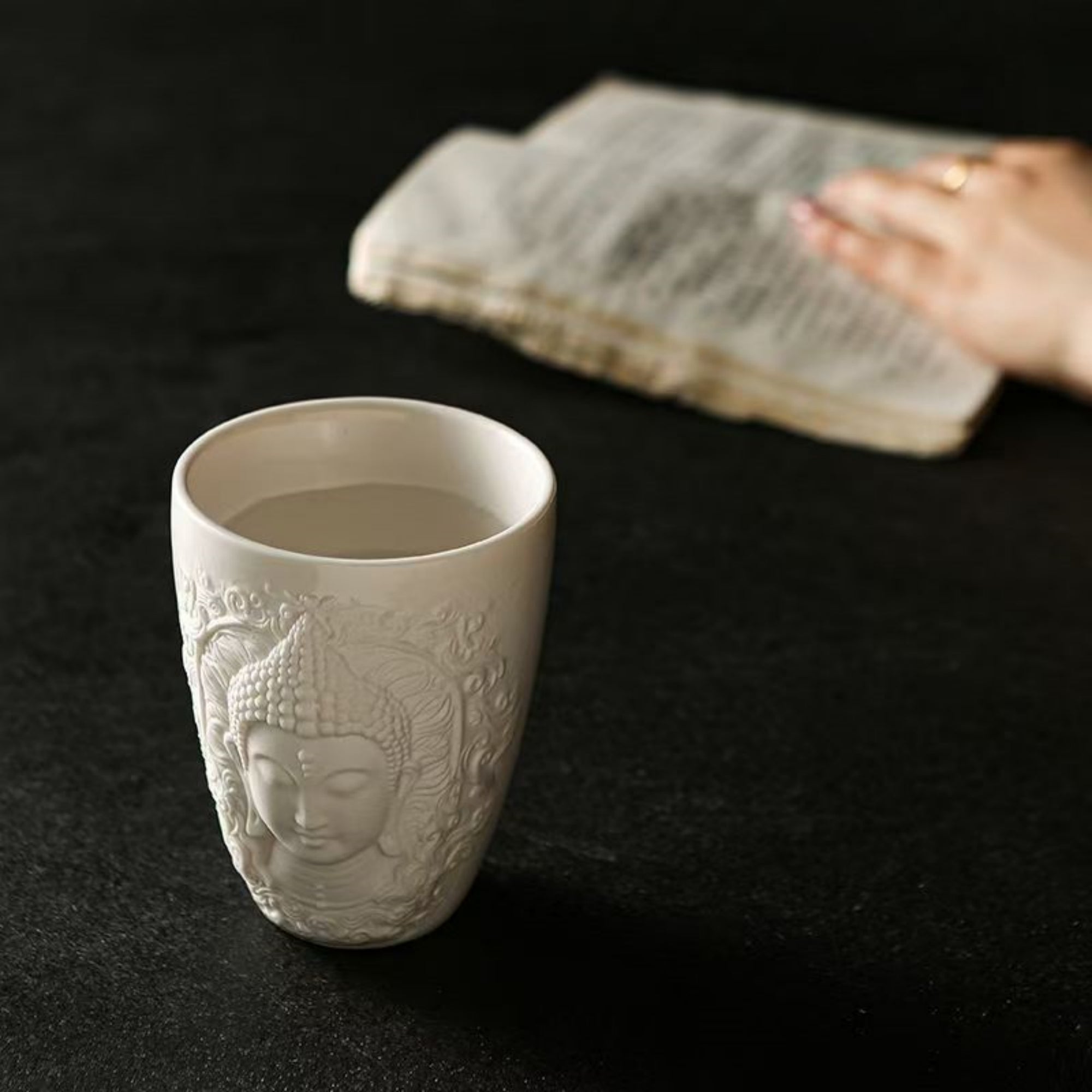 Hand-Carved Relief Shakyamuni Jade-Porcelain Cup