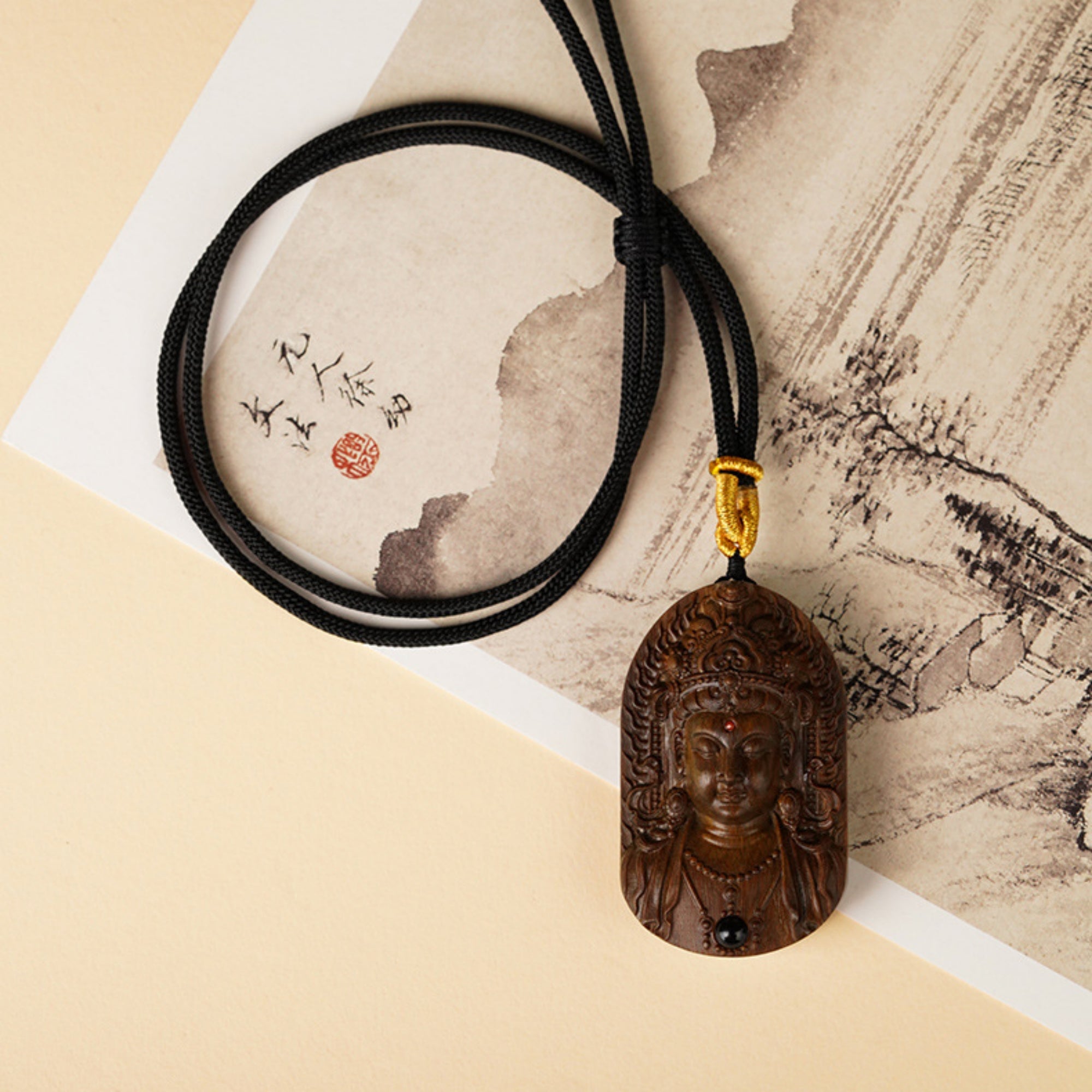 Hand-Carved Sandalwood Green Tara Pendant Amulet Necklace