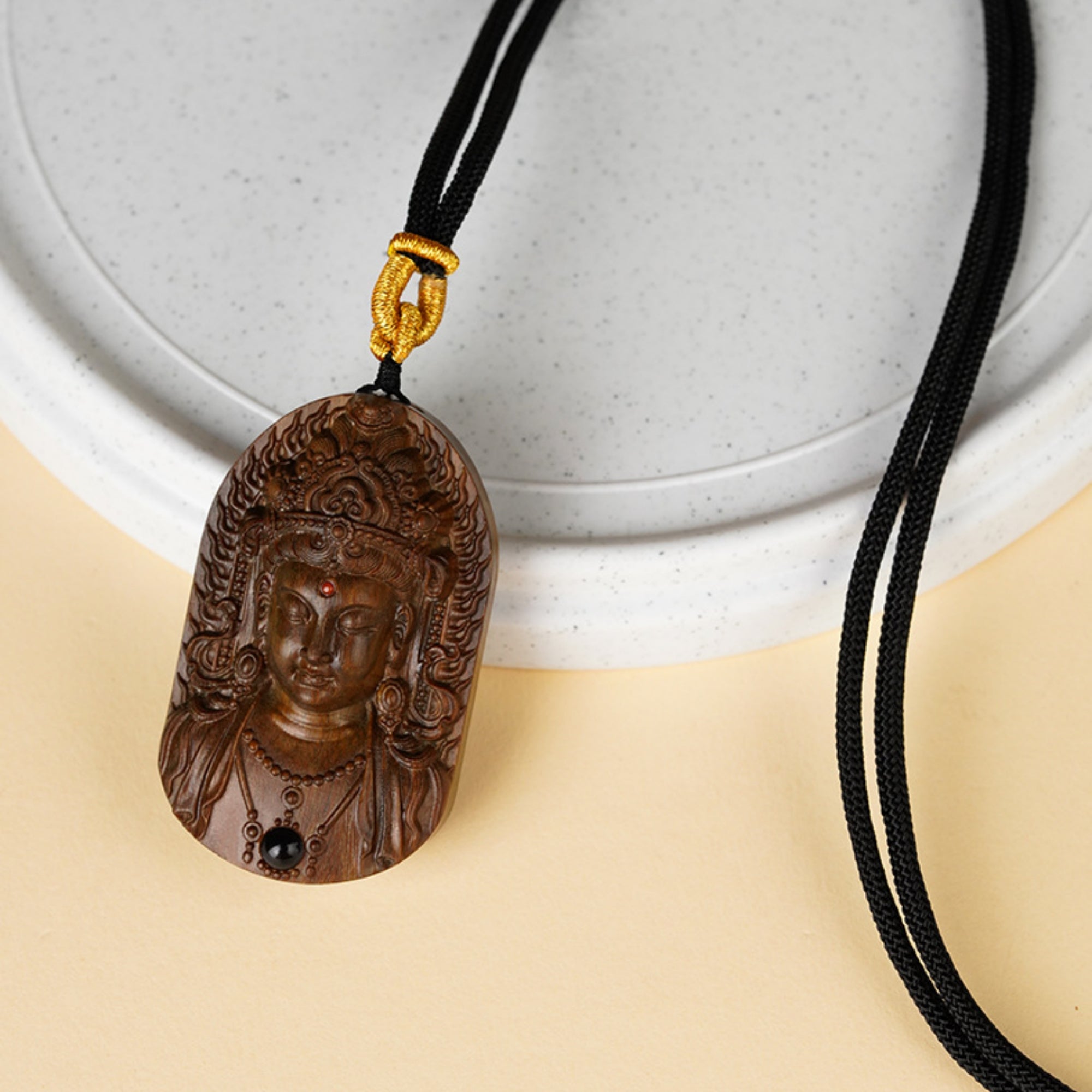 Hand-Carved Sandalwood Green Tara Pendant Amulet Necklace