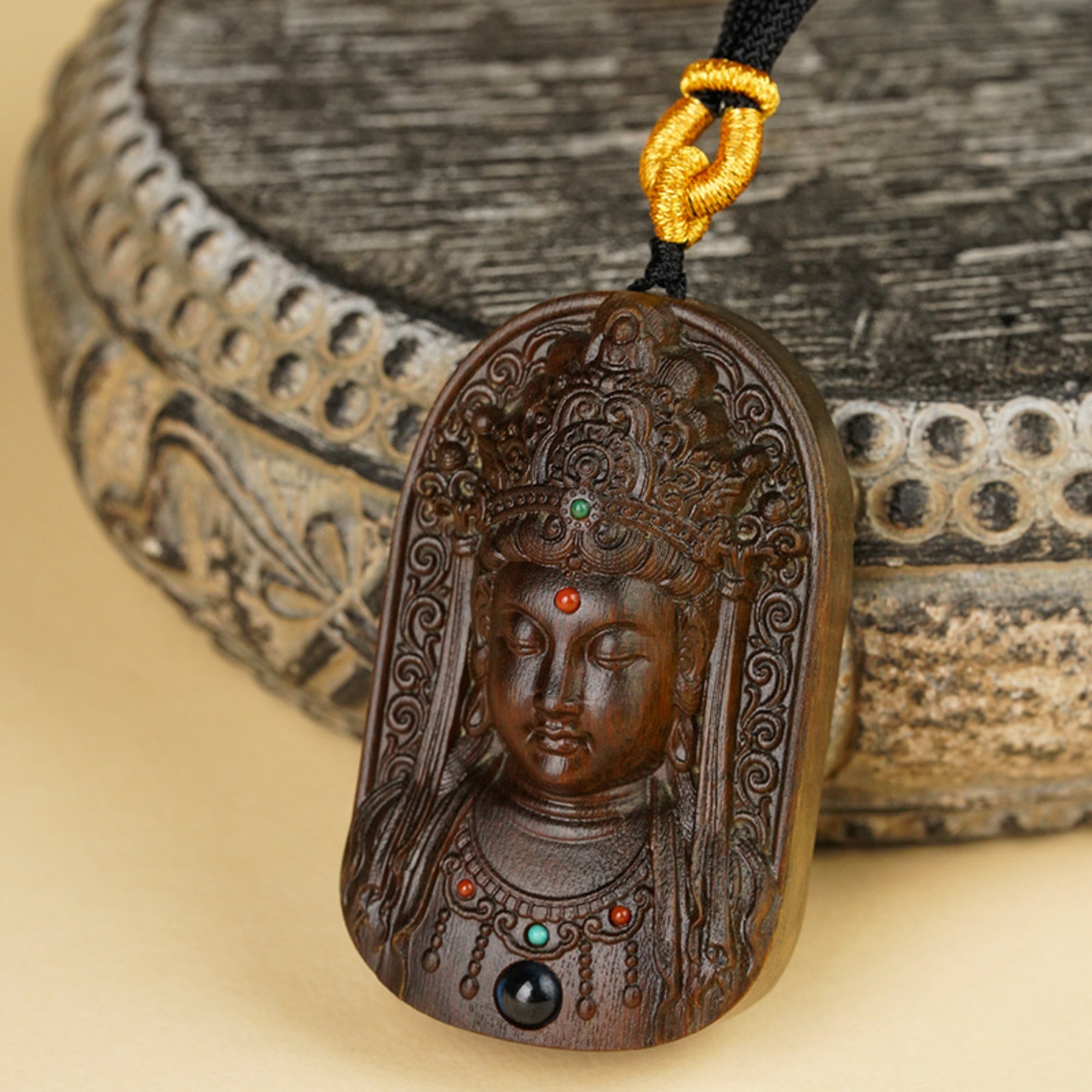 Hand-Carved Sandalwood Guanyin Buddha Pendant Amulet Necklace