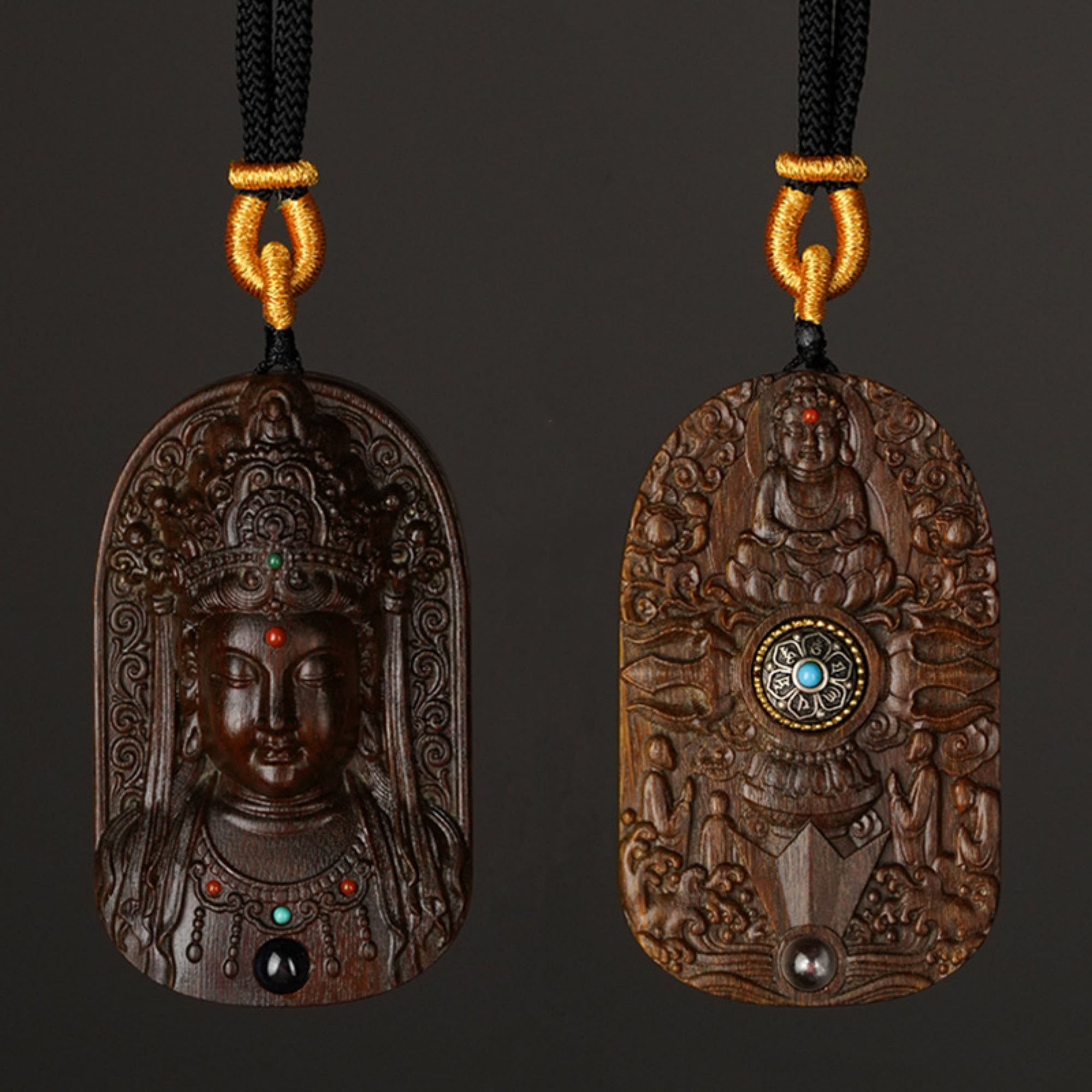 Hand-Carved Sandalwood Guanyin Buddha Pendant Amulet Necklace