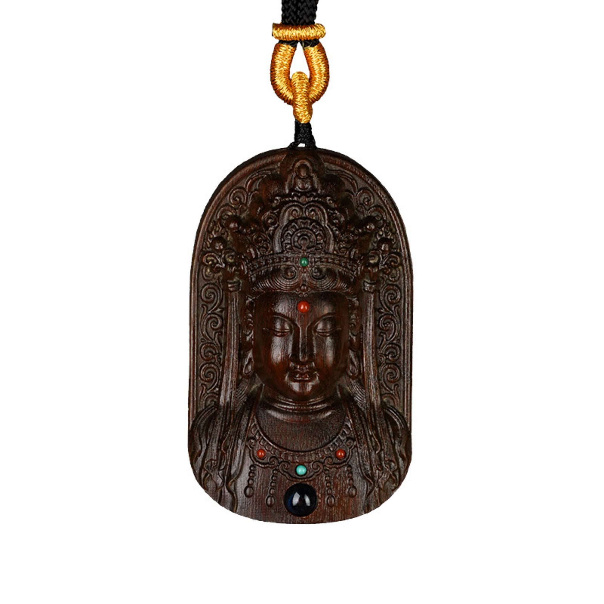 Hand-Carved Sandalwood Guanyin Buddha Pendant Amulet Necklace