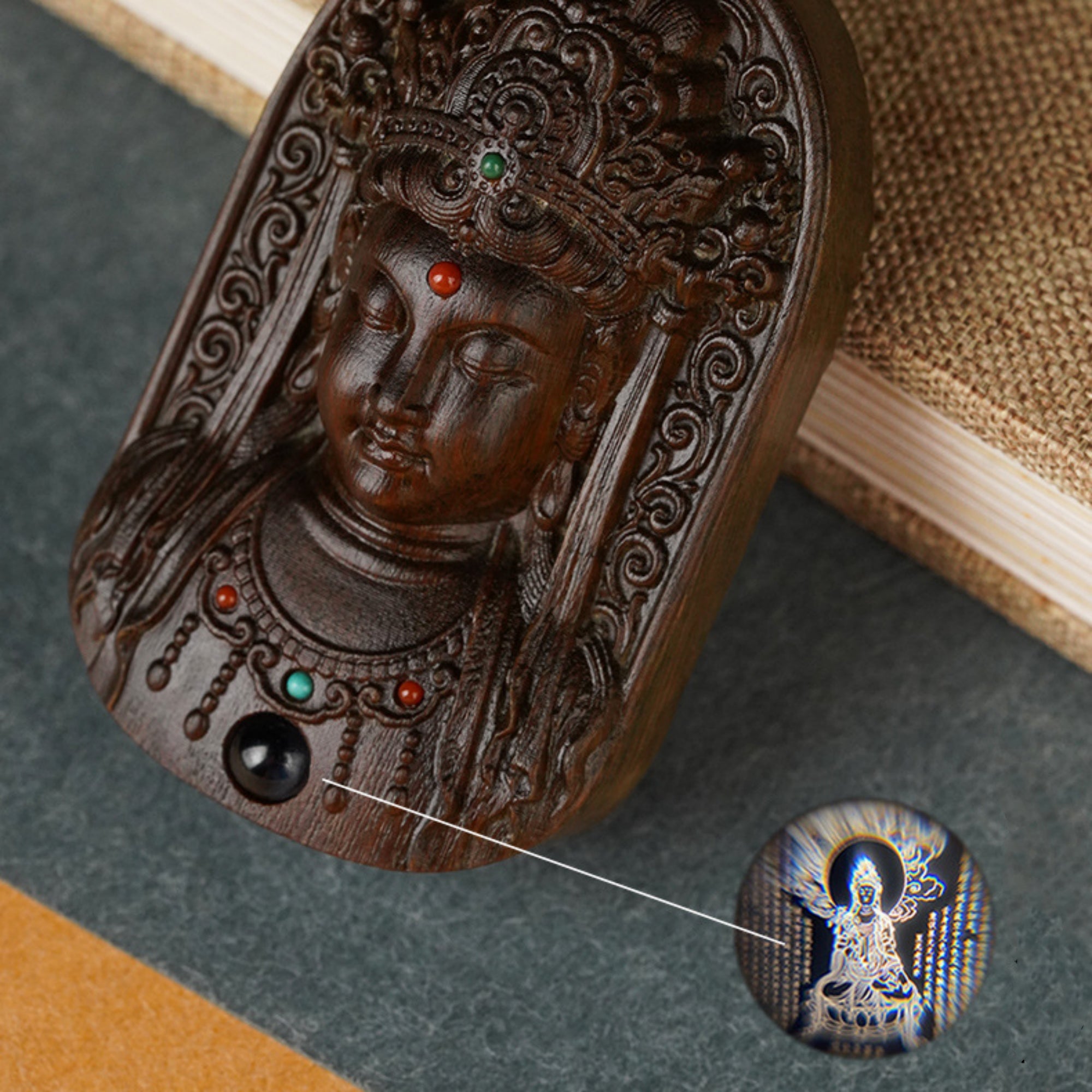 Hand-Carved Sandalwood Guanyin Buddha Pendant Amulet Necklace