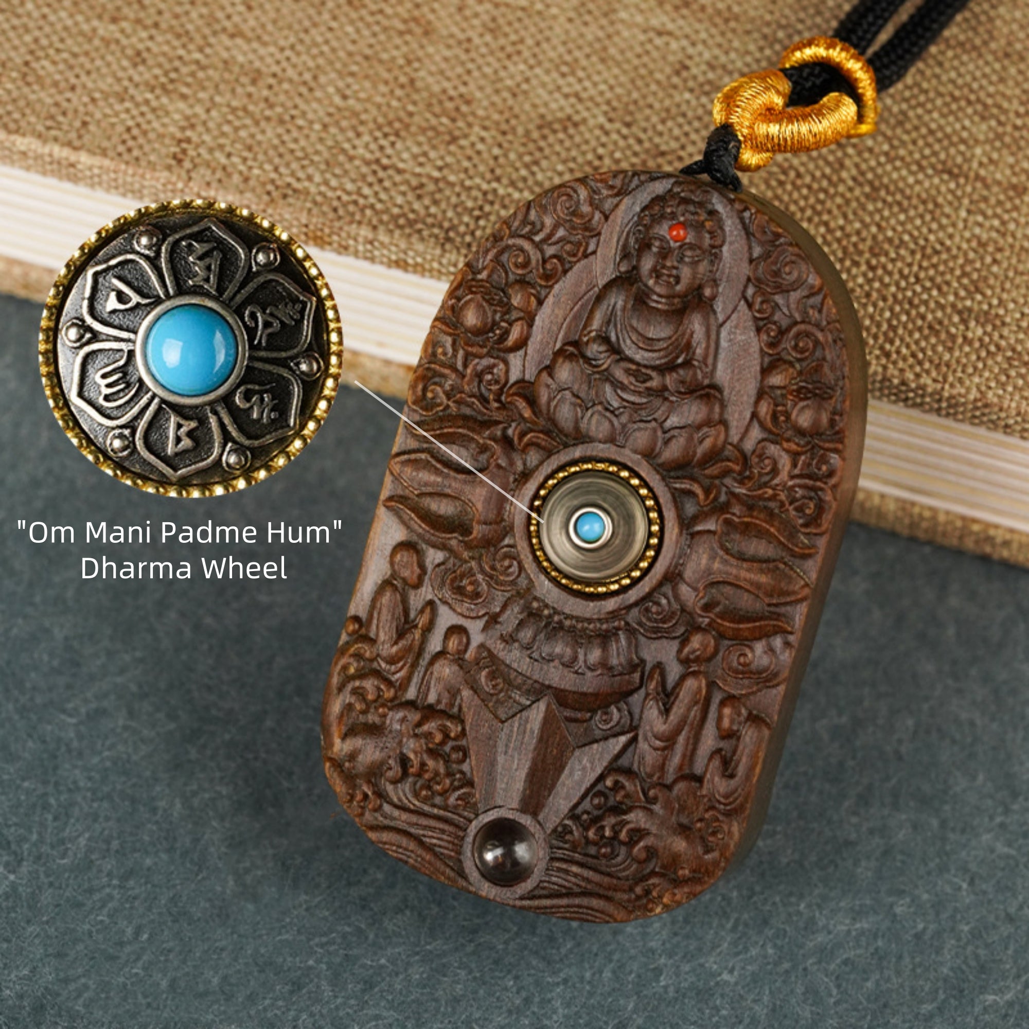 Hand-Carved Sandalwood Guanyin Buddha Pendant Amulet Necklace