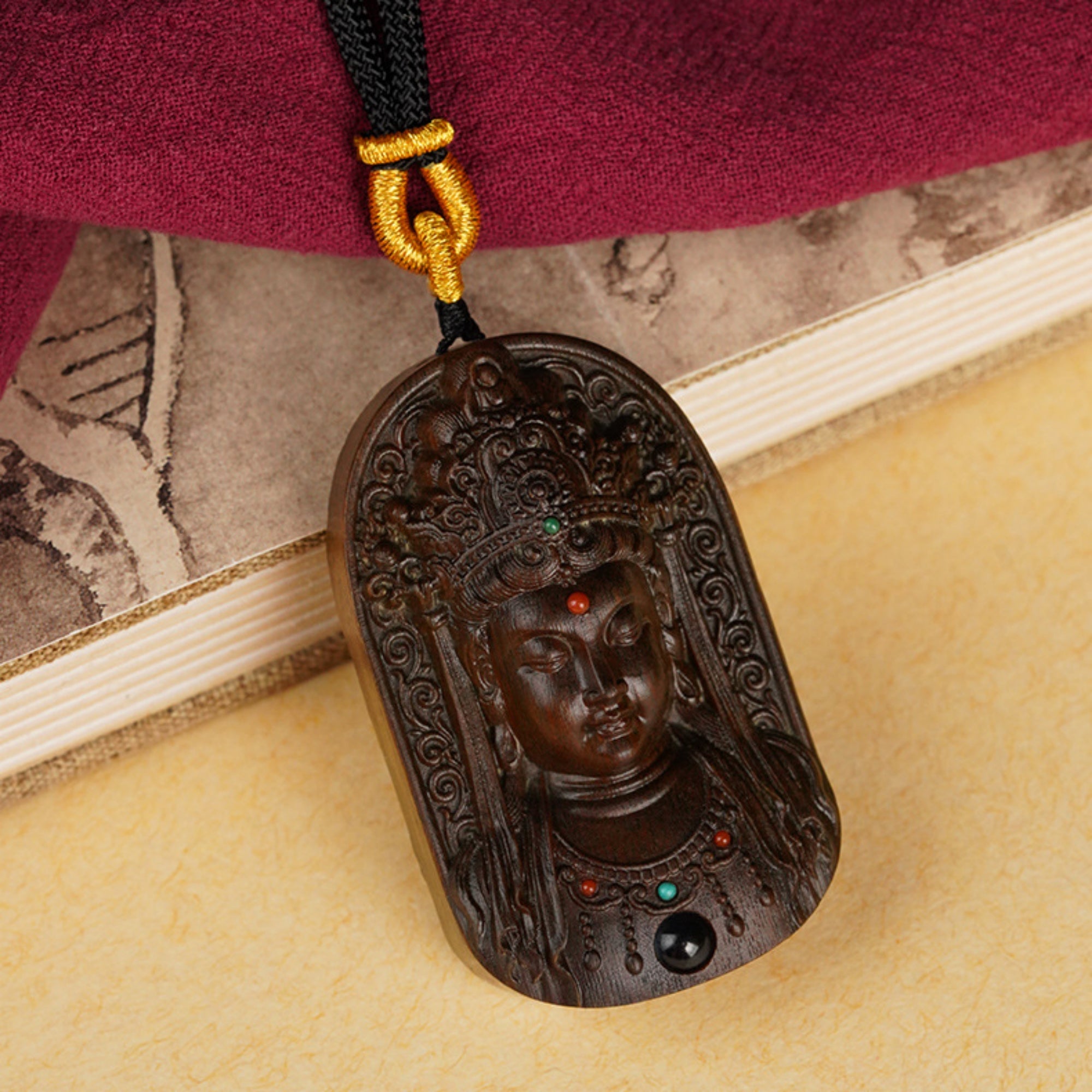 Hand-Carved Sandalwood Guanyin Buddha Pendant Amulet Necklace