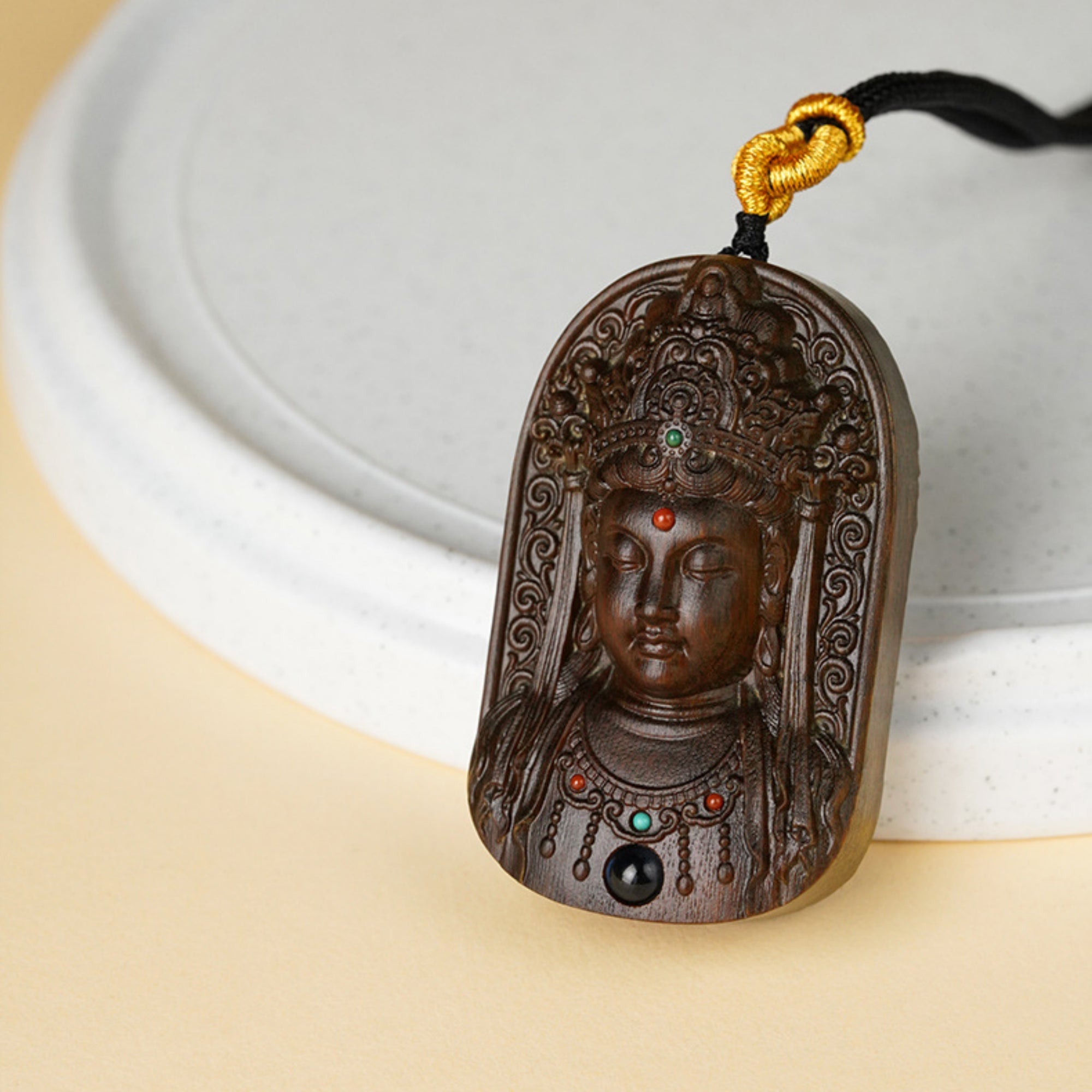 Hand-Carved Sandalwood Guanyin Buddha Pendant Amulet Necklace