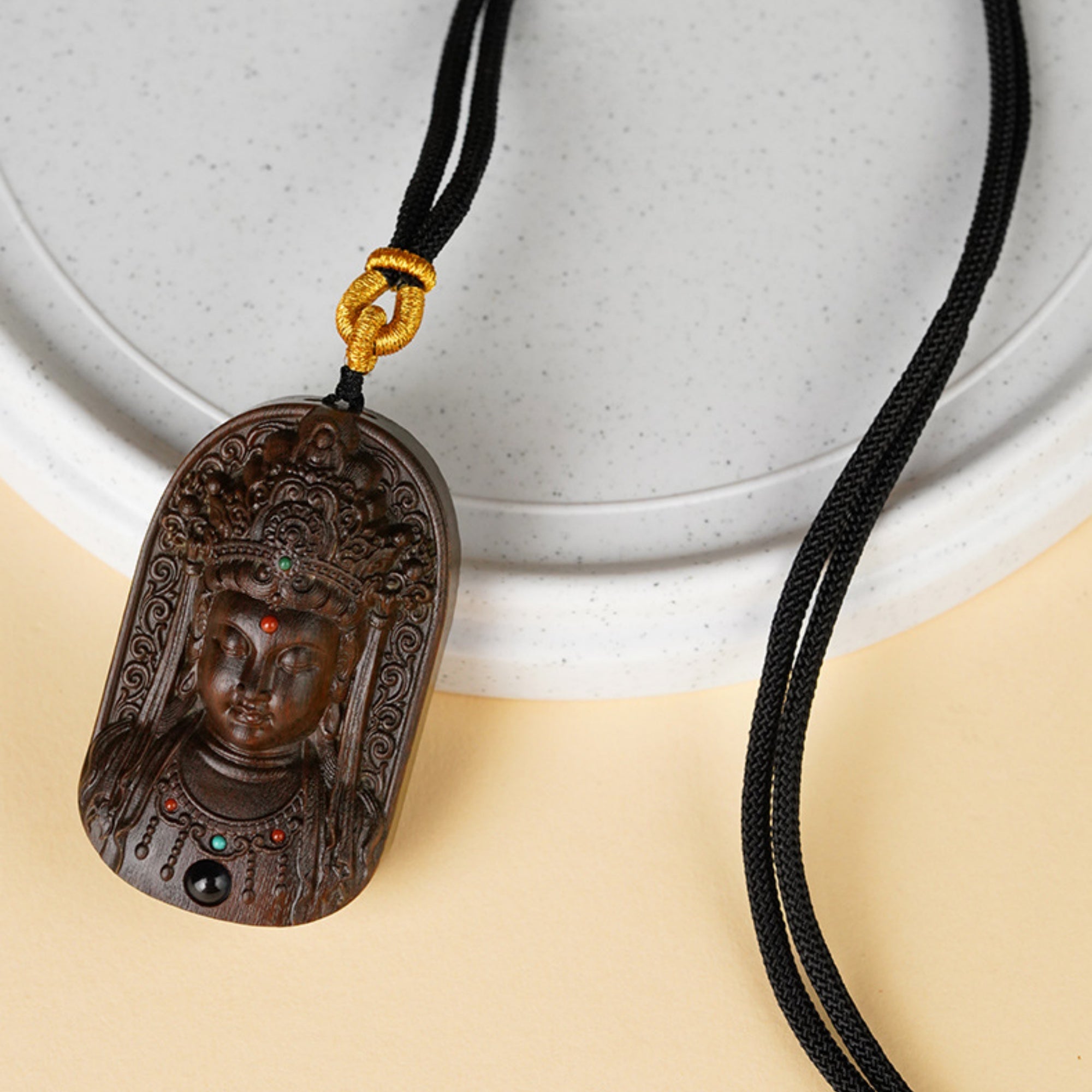 Hand-Carved Sandalwood Guanyin Buddha Pendant Amulet Necklace
