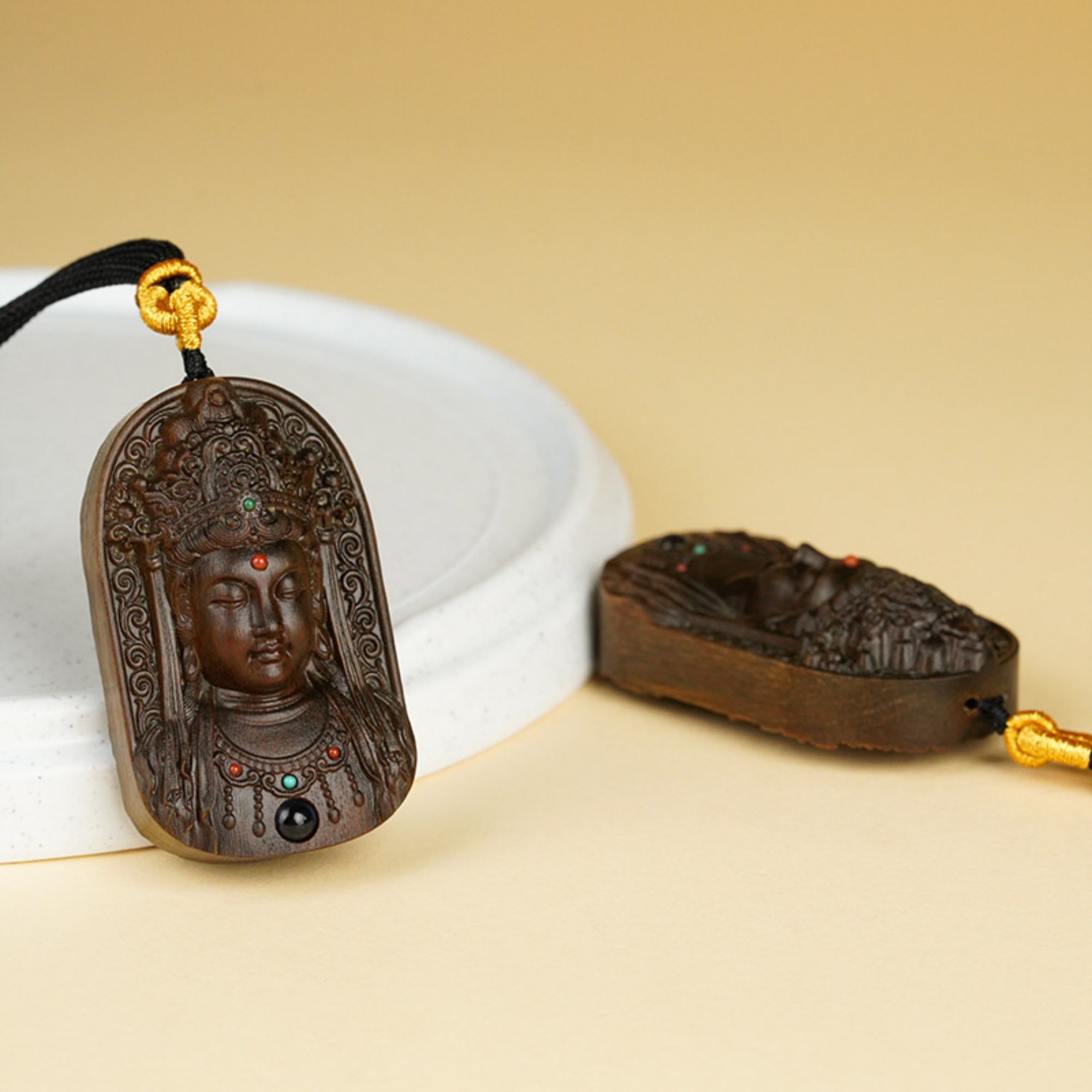 Hand-Carved Sandalwood Guanyin Buddha Pendant Amulet Necklace