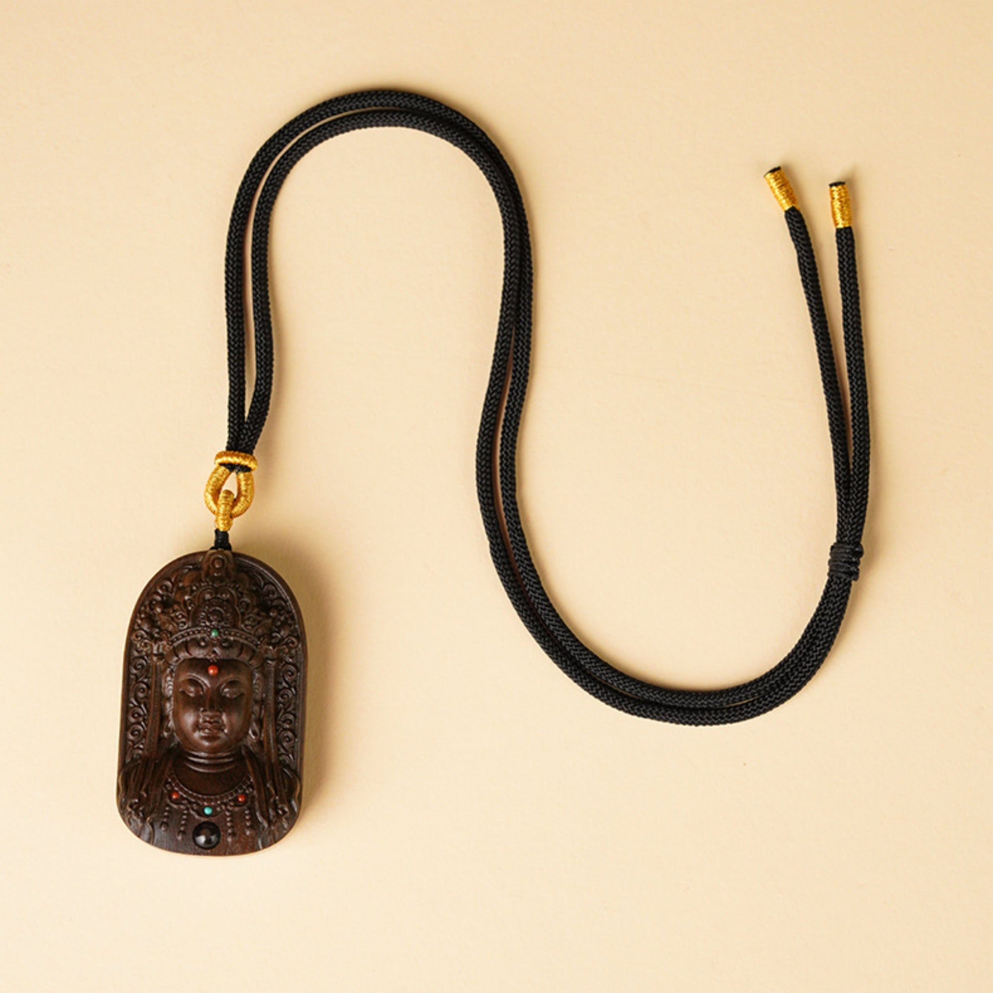 Hand-Carved Sandalwood Guanyin Buddha Pendant Amulet Necklace