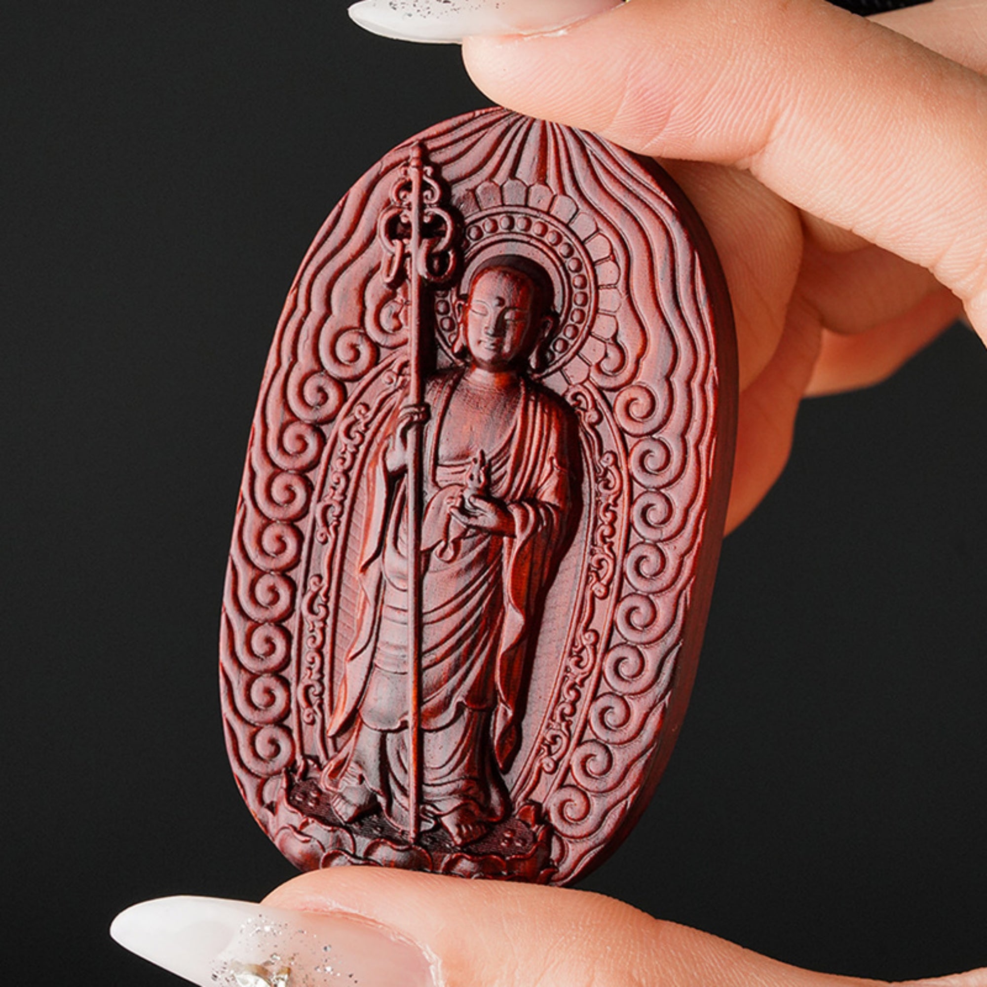 Hand-Carved Sandalwood Ksitigarbha Bodhisattva Amulet Necklace