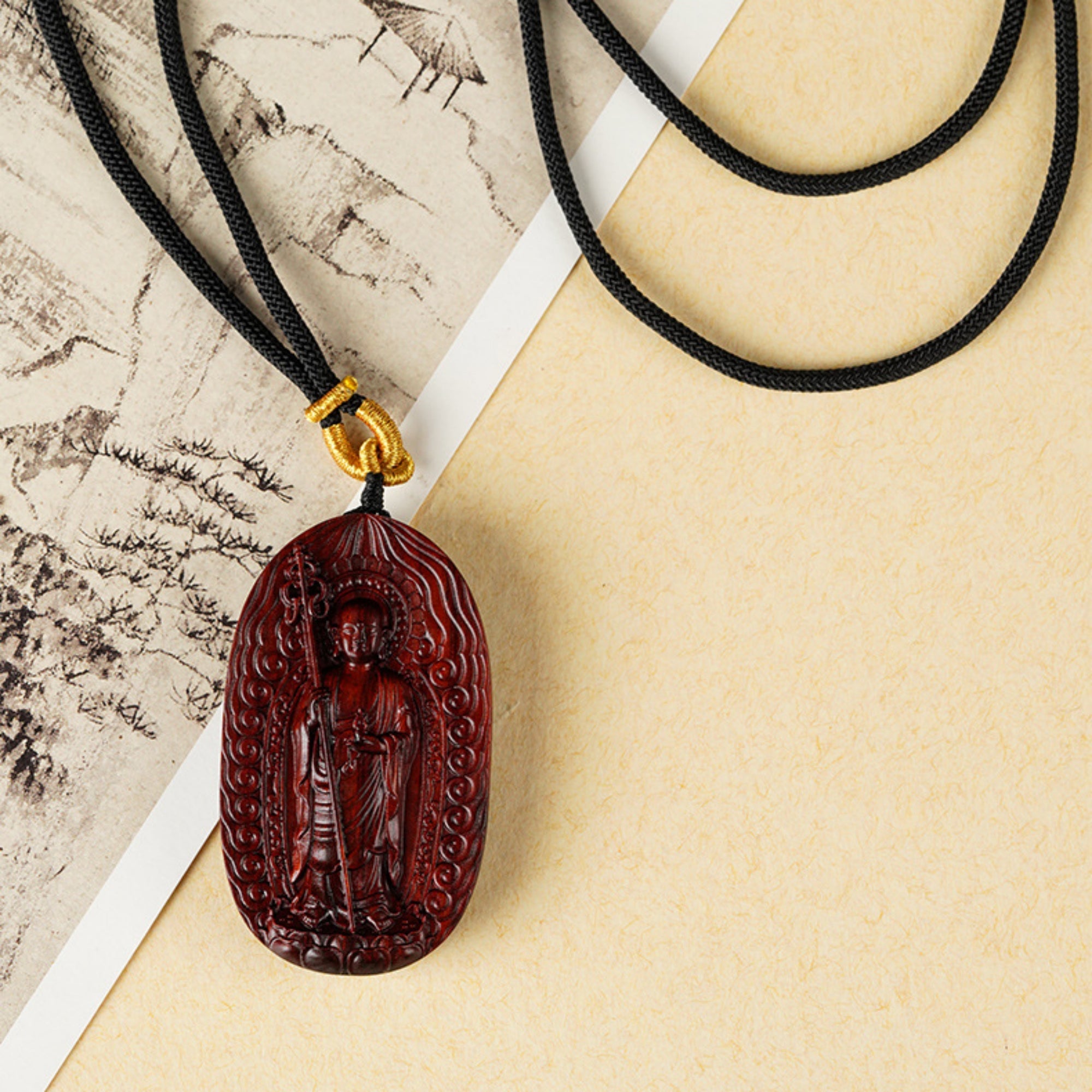 Hand-Carved Sandalwood Ksitigarbha Bodhisattva Amulet Necklace