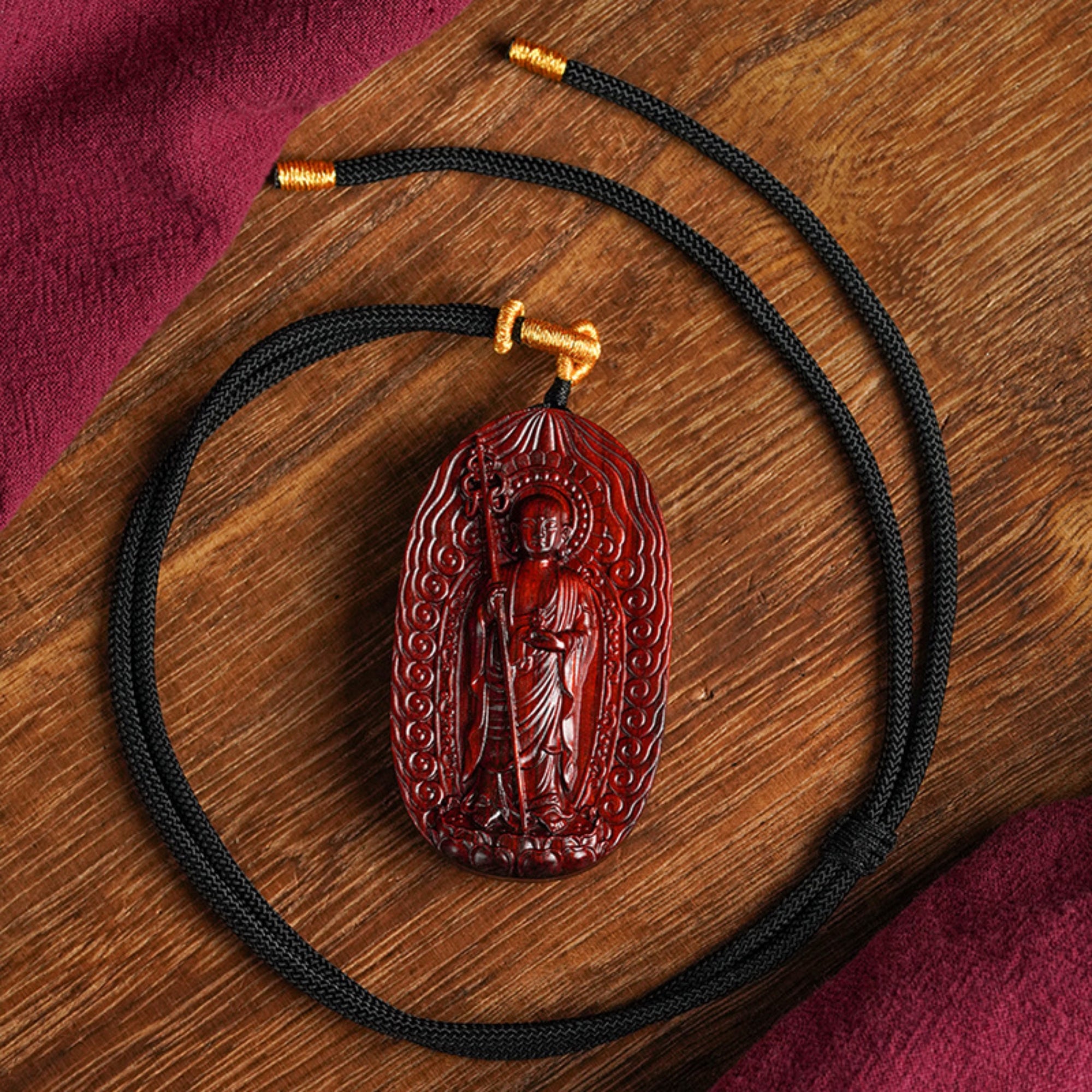 Hand-Carved Sandalwood Ksitigarbha Bodhisattva Amulet Necklace