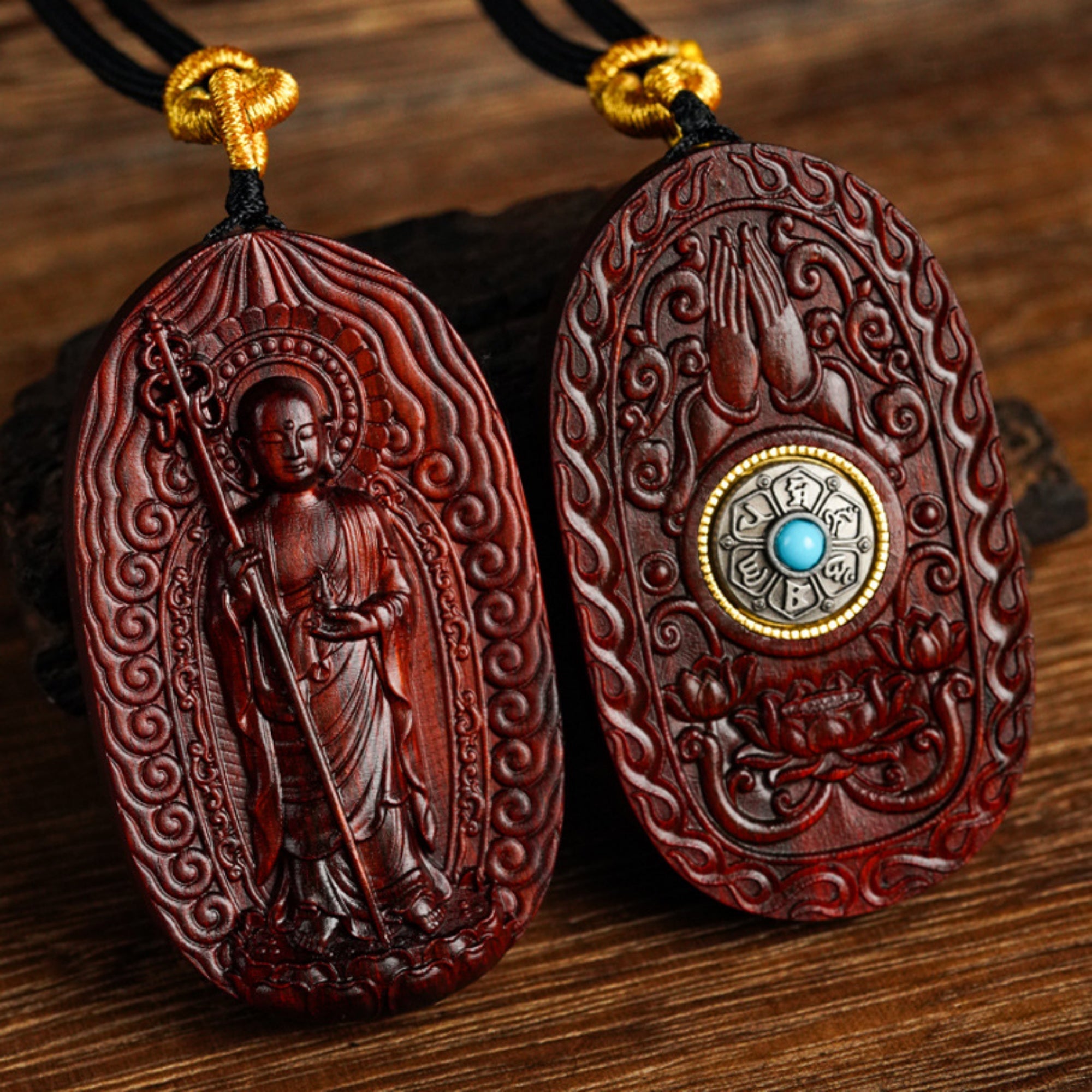 Hand-Carved Sandalwood Ksitigarbha Bodhisattva Amulet Necklace