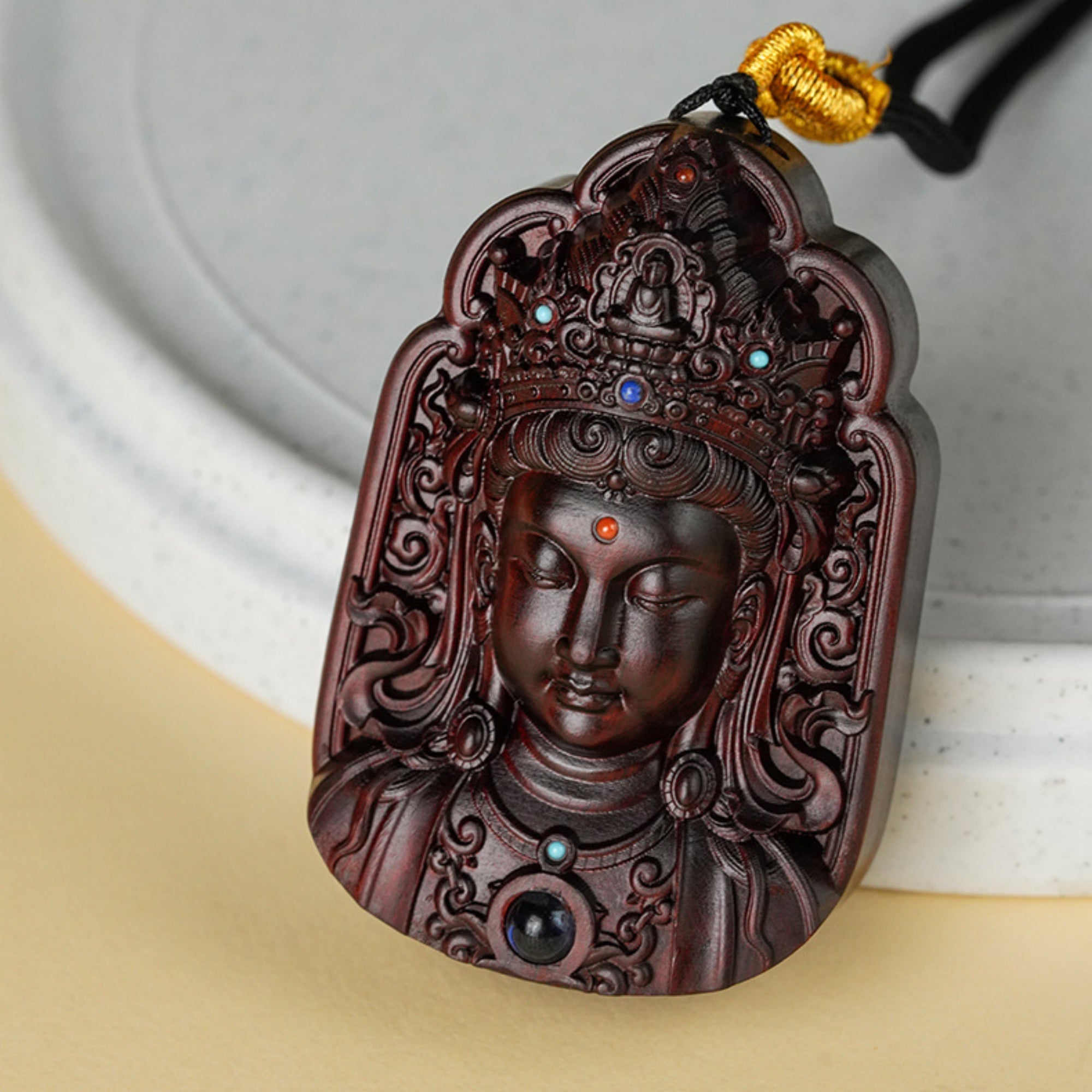 Hand-Carved Sandalwood Lotus Guanyin Pendant Amulet Necklace