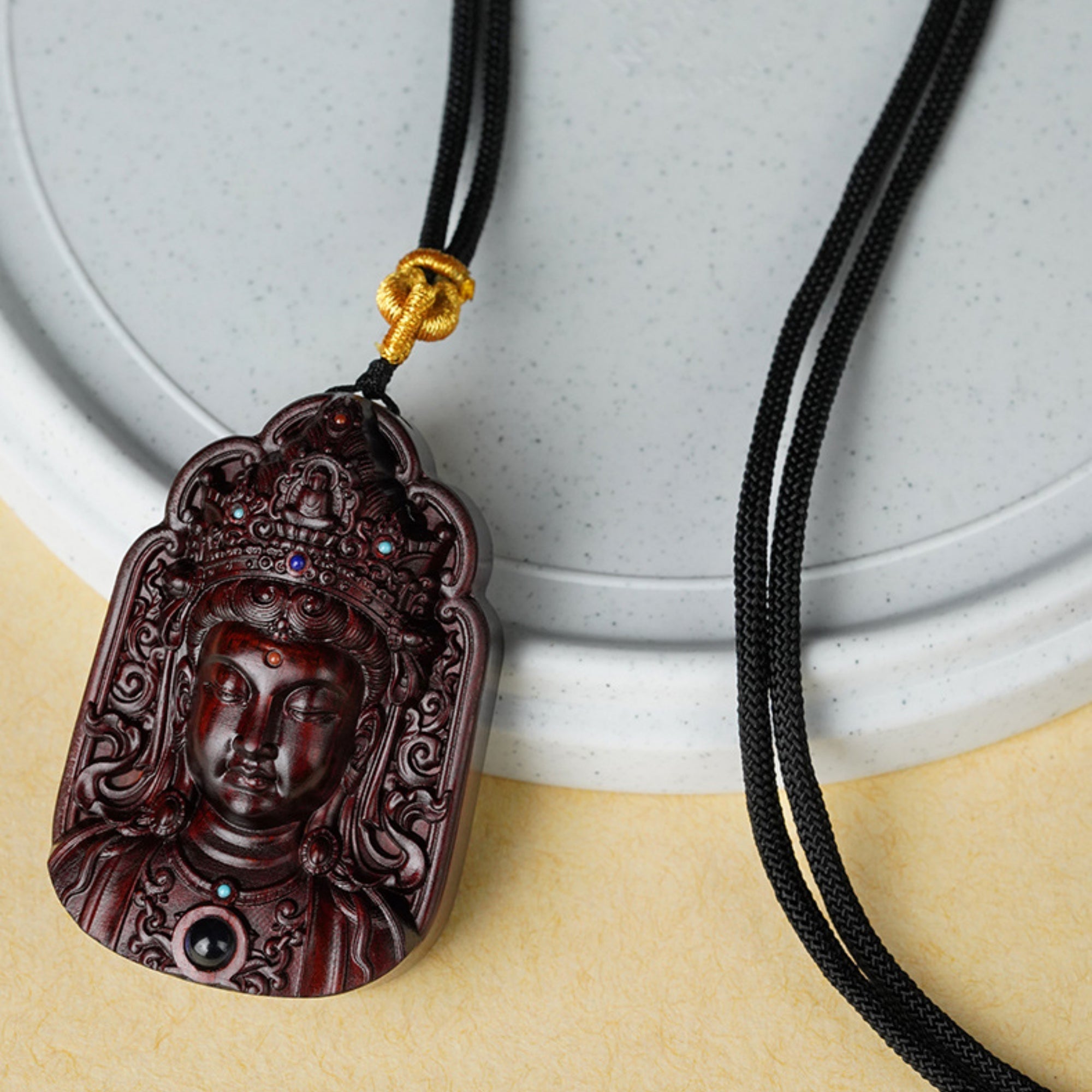 Hand-Carved Sandalwood Lotus Guanyin Pendant Amulet Necklace