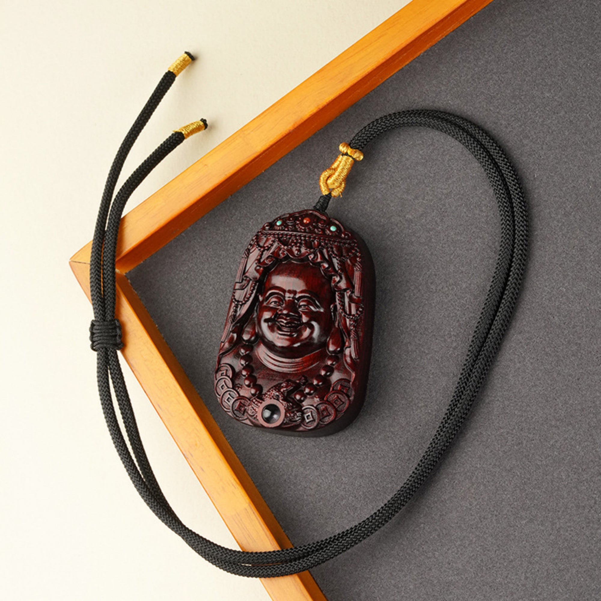 Hand-Carved Sandalwood Maitreya Buddha Amulet Necklace
