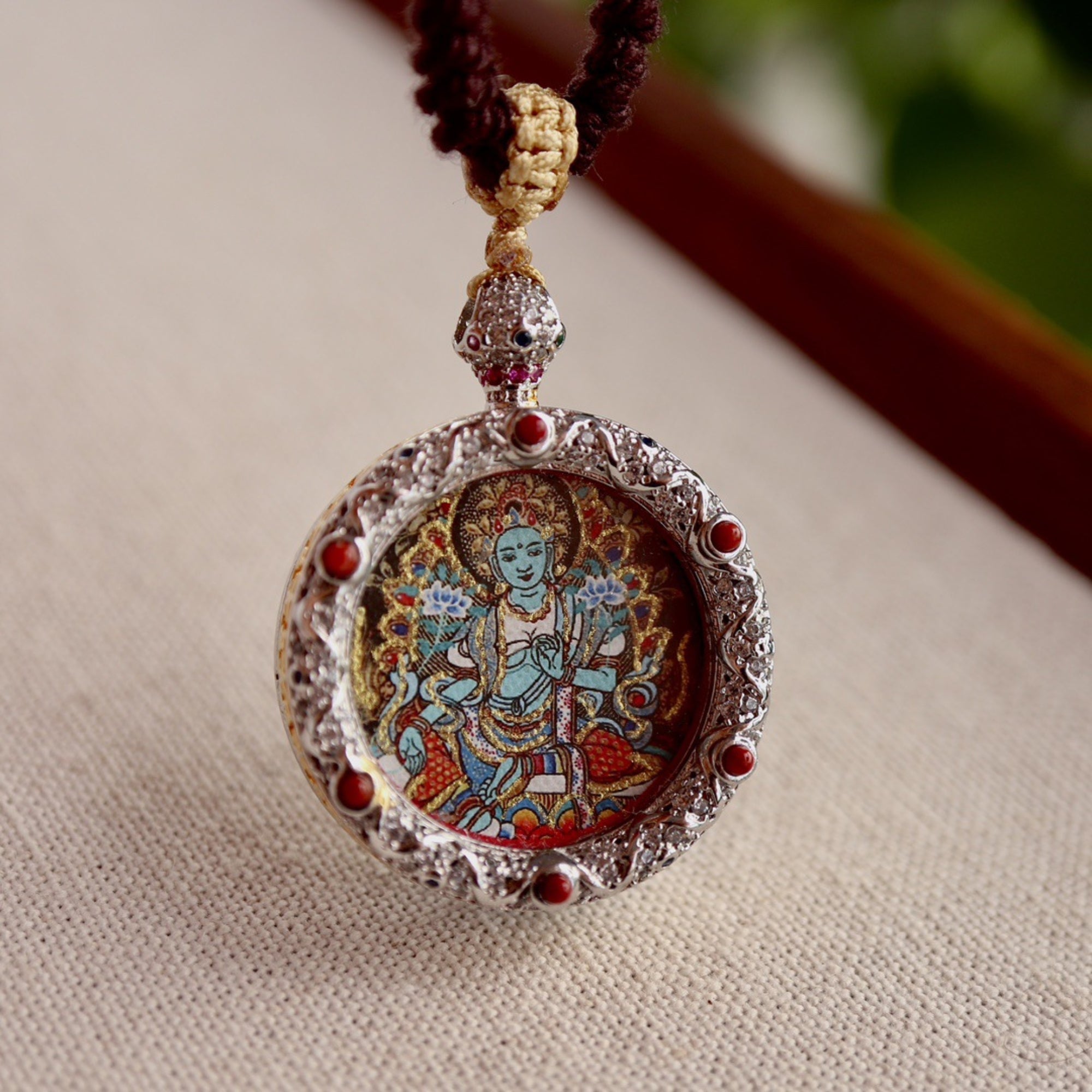 Hand-Painted Green Tara Thangka Amulet Necklace