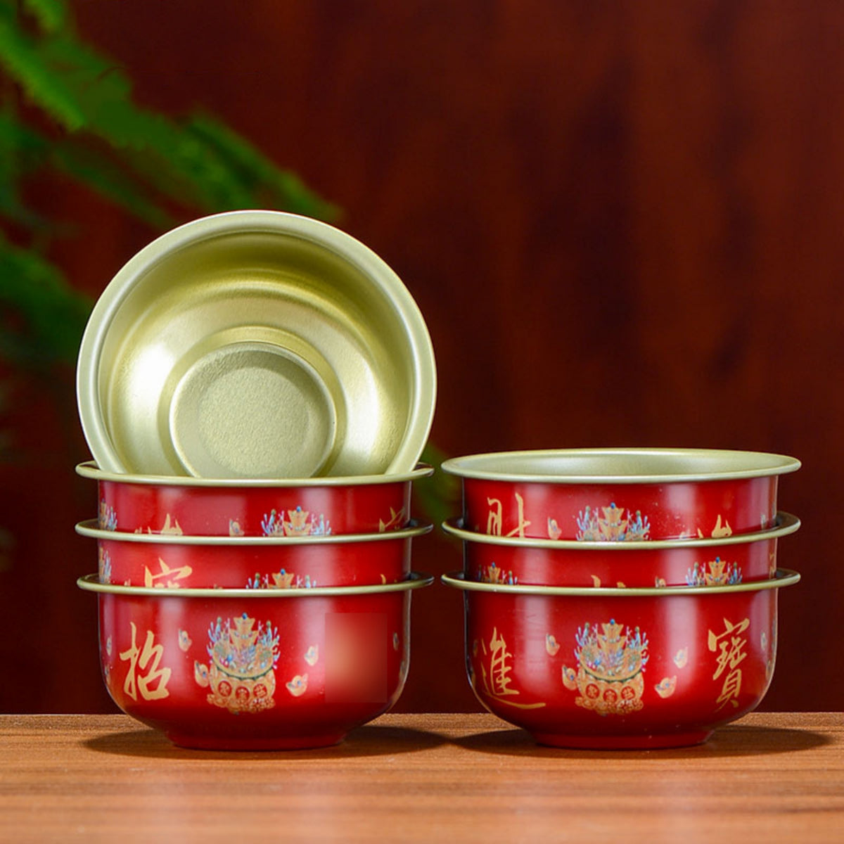 Hand-Painted Tibetan Brass Water Offering Bowls – Set of 7