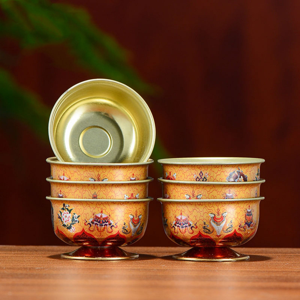 Hand-Painted Tibetan Brass Water Offering Bowls – Set of 7